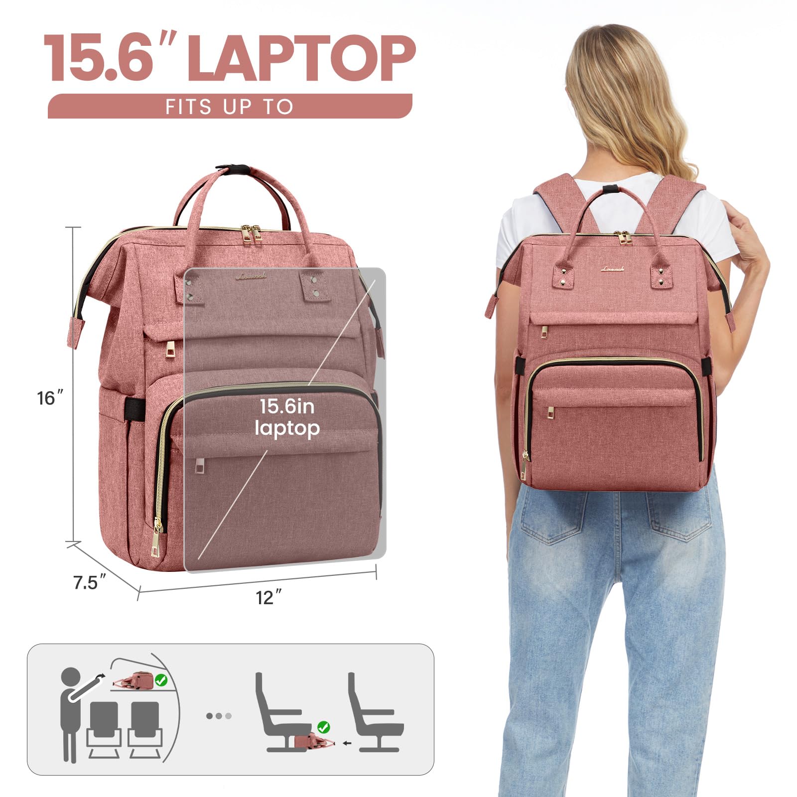 Foto 6 | Mochila Para Portátil Lovevook Para Mujer, 15.6 Pulgadas, Impermeable, Rosa Claro - Venta Internacional.