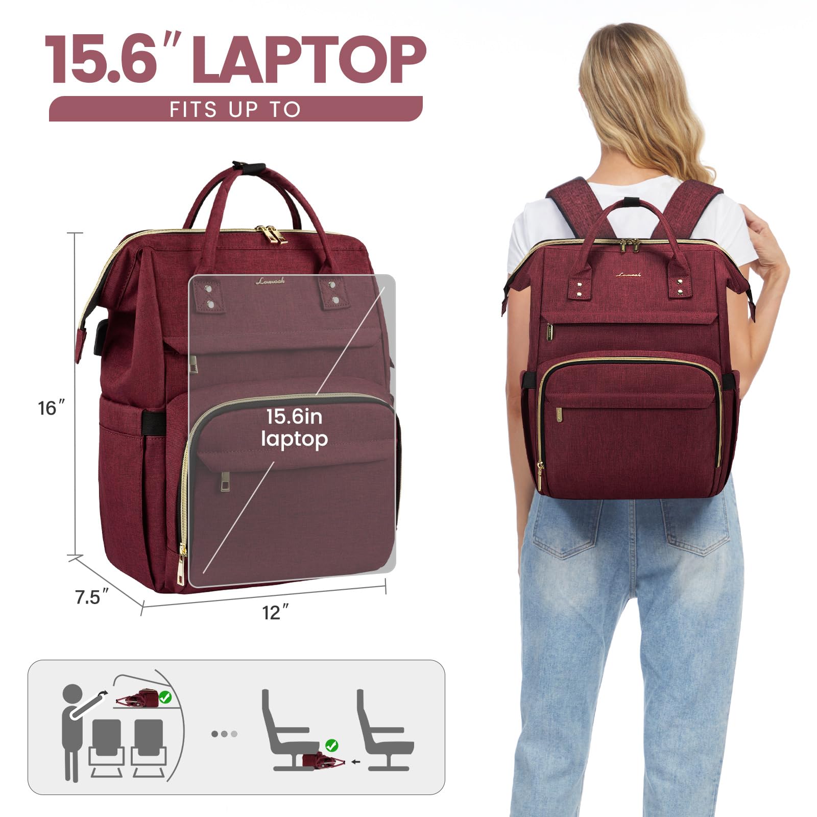 Foto 5 | Mochila Para Portátil Lovevook Para Mujer, 15.6 Pulgadas, Impermeable, Color Rojo Vino - Venta Internacional.