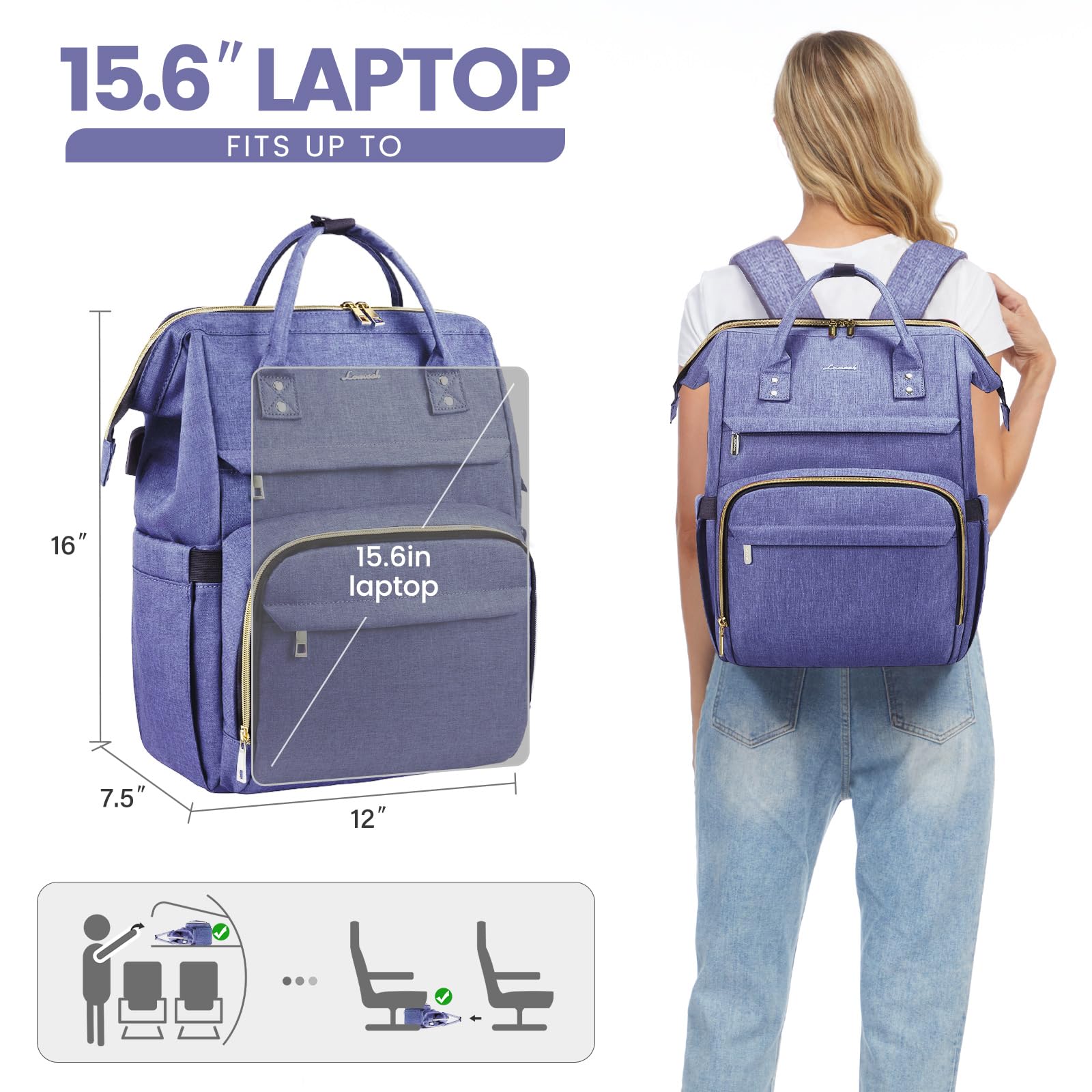 Foto 5 | Mochila Para Portátil Lovevook Para Mujer, 15.6 Pulgadas, Impermeable, Azul Violeta - Venta Internacional.