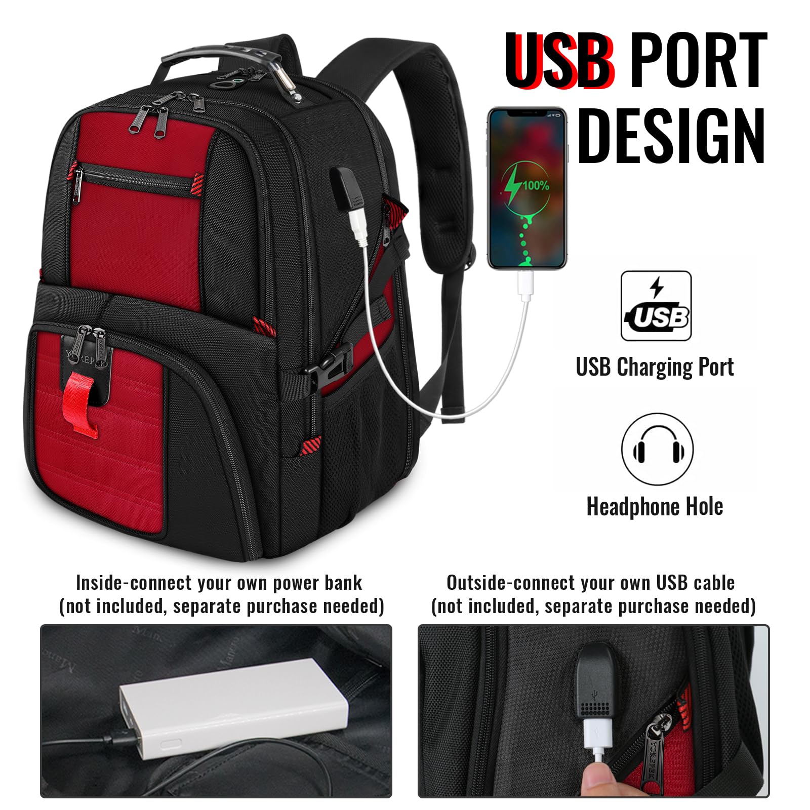 Foto 4 pulgar | Mochila para Portátil Yorepek 18.4 con Puerto de Carga Usb Rojo - Venta Internacional