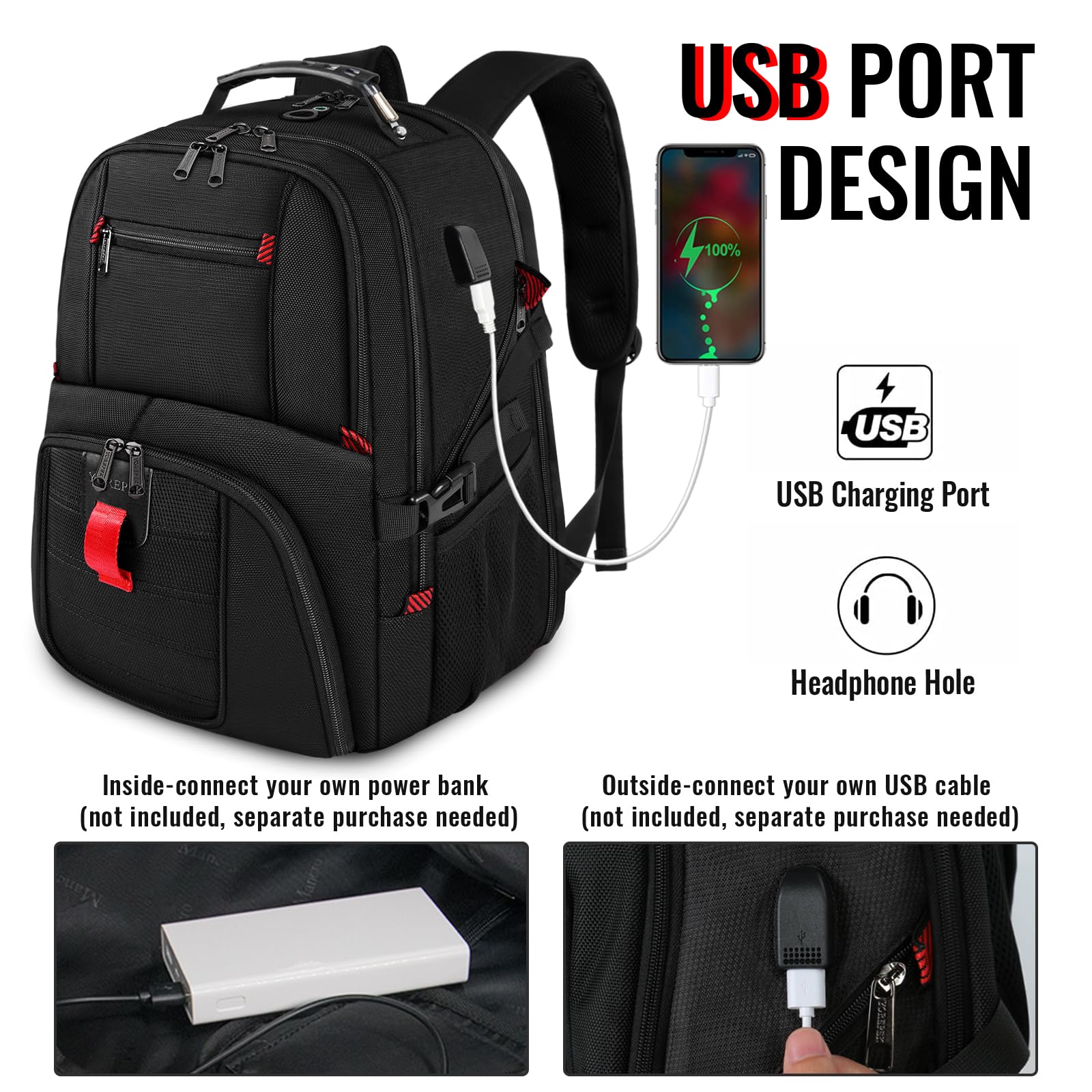 Foto 4 pulgar | Mochila para Portátil Yorepek 18.4 con Puerto de Carga Usb Negro - Venta Internacional