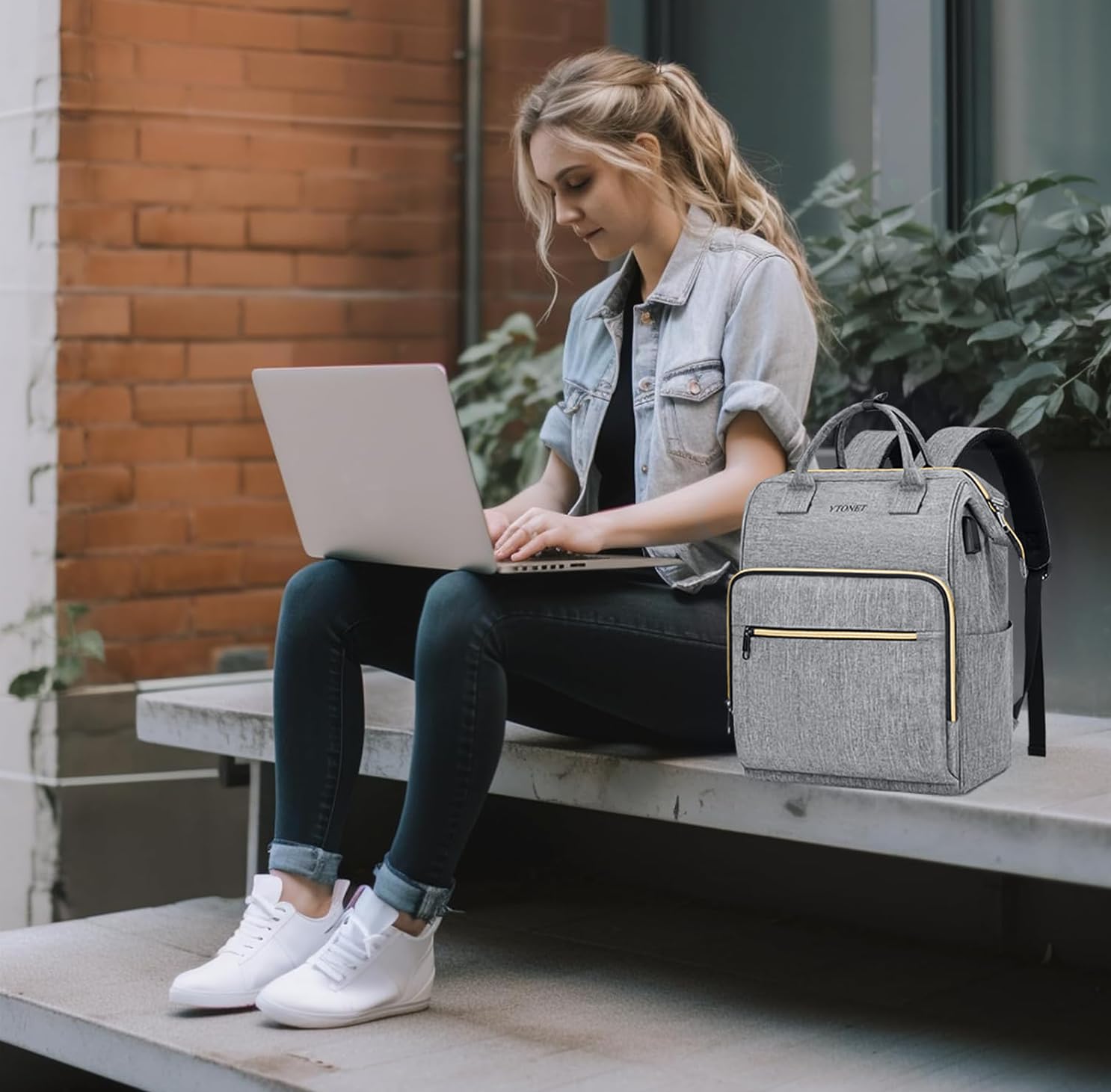 Foto 4 | Mochila Ytonet Para Portátil De Mujer De 15.6 Pulgadas, Abierta, Gris - Venta Internacional.