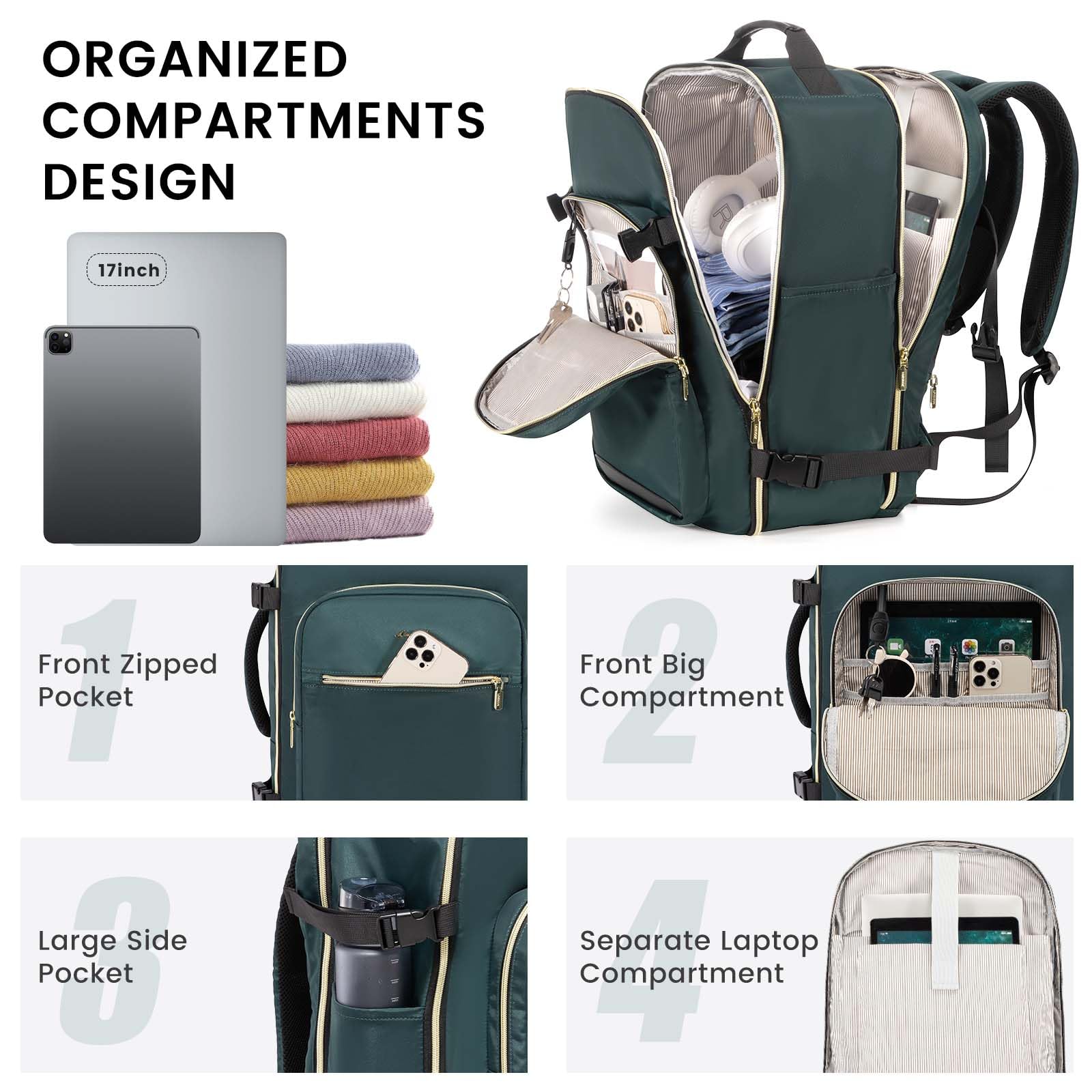 Foto 2 | Mochila De Viaje Lovevook 40l Para Ordenador Portátil De 17 Pulgadas Para Mujer Y Hombre, Color Verde - Venta Inter