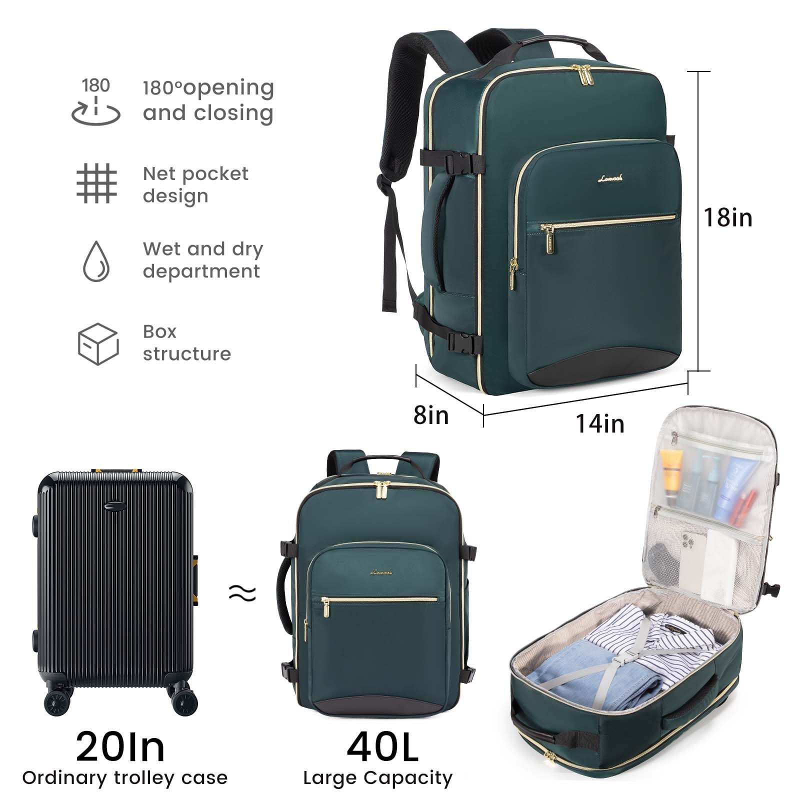 Foto 3 | Mochila De Viaje Lovevook 40l Para Ordenador Portátil De 17 Pulgadas Para Mujer Y Hombre, Color Verde - Venta Inter