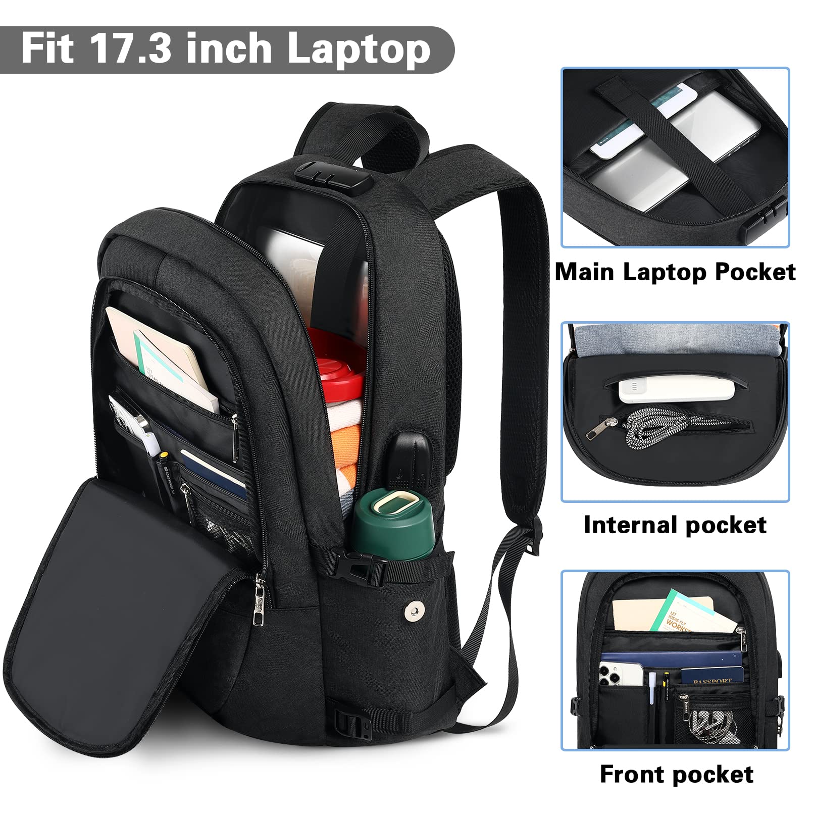 Foto 5 pulgar | Mochila Ambor Travel Laptop 15.6-17.3'' Con Carga Usb Negra - Venta Internacional.