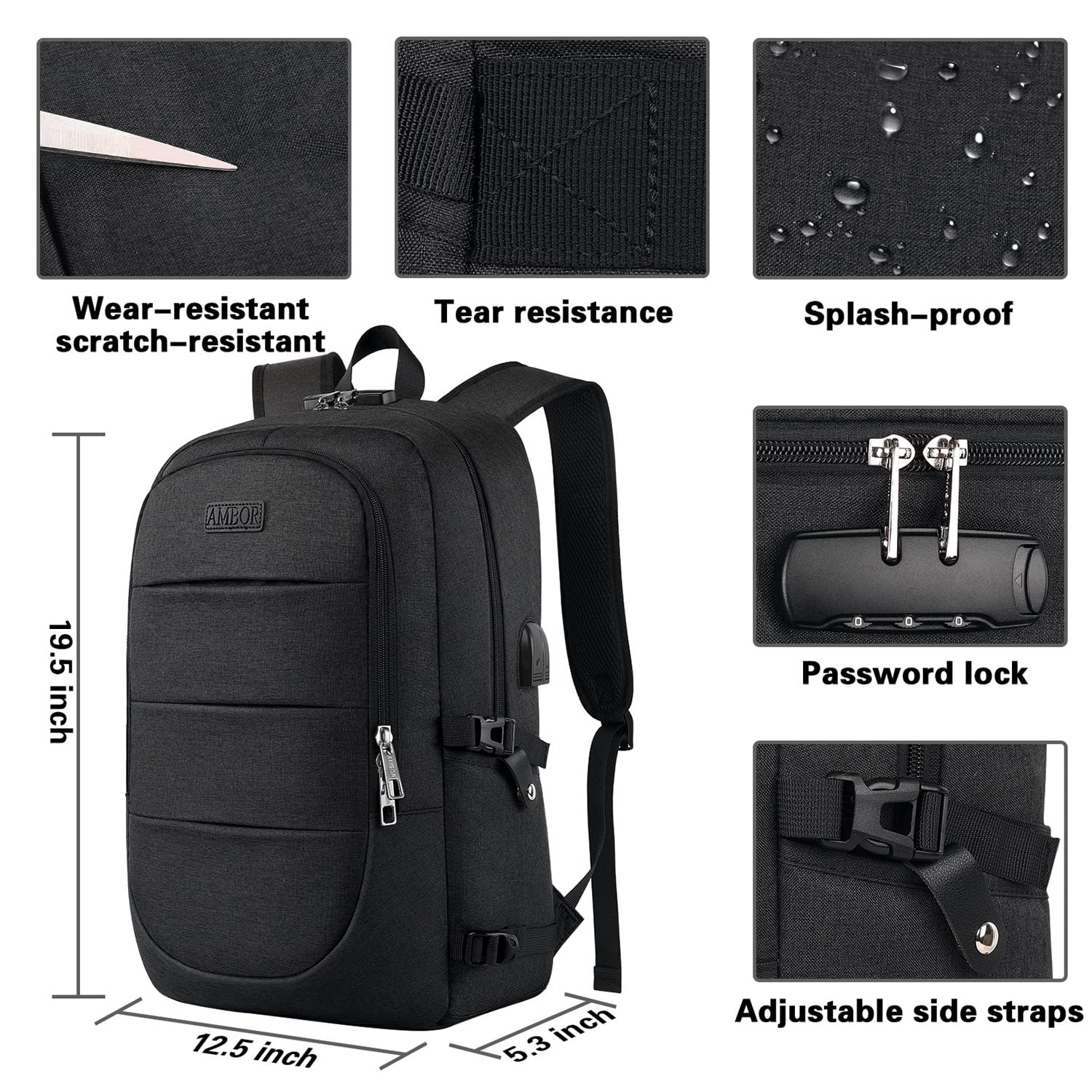 Foto 5 | Mochila Ambor Travel Laptop 15.6-17.3'' Con Carga Usb Negra - Venta Internacional.