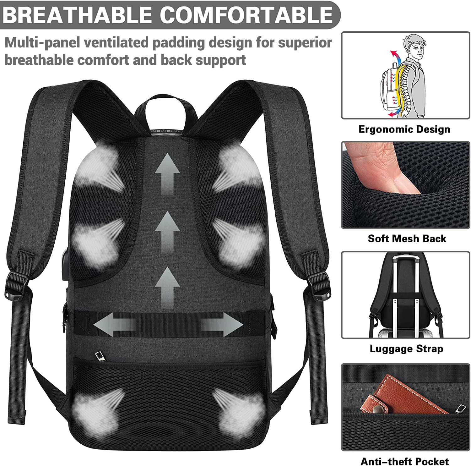 Foto 7 pulgar | Mochila Ambor Travel Laptop 15.6-17.3'' Con Carga Usb Negra - Venta Internacional.