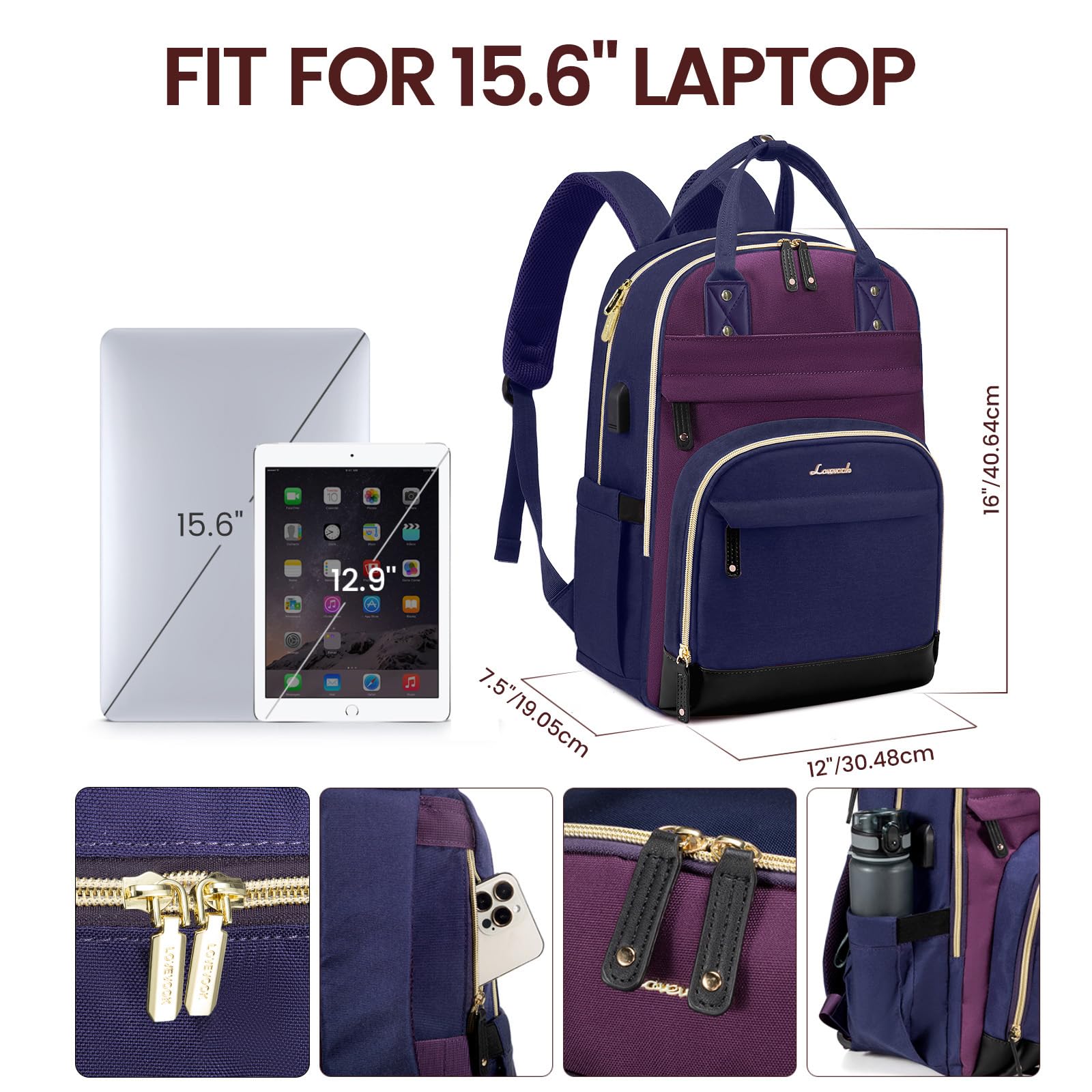 Foto 4 | Mochila Lovevook Para Portátil De Mujer, 15.6 Pulgadas, Impermeable, Color Morado - Venta Internacional.