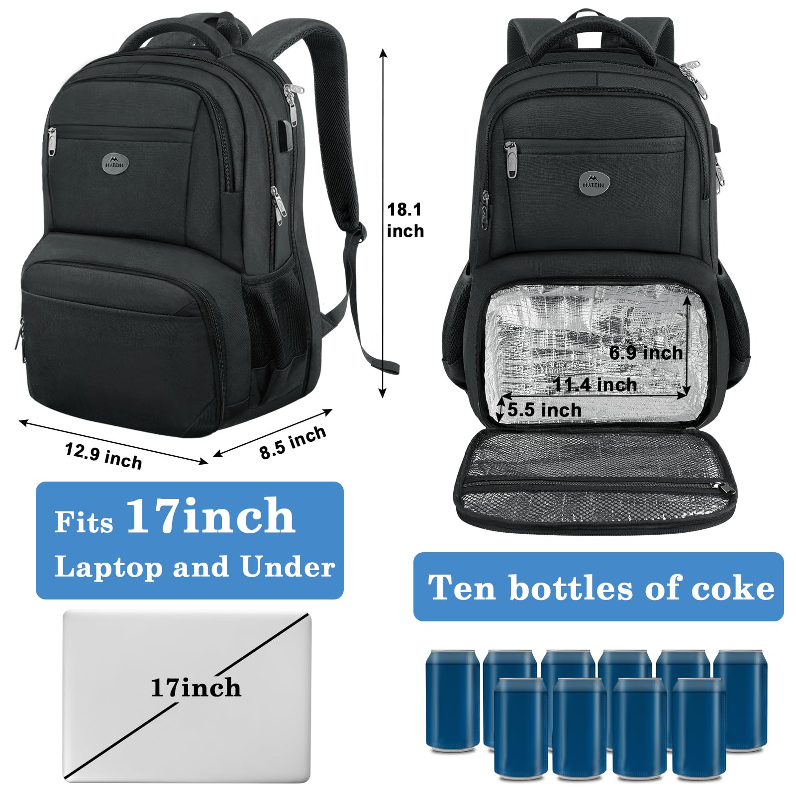 Foto 5 pulgar | Mochila Matein Para Portátil De 17 Pulgadas Con Fiambrera, Puerto Usb, Resistente Al Agua - Venta Internacional.