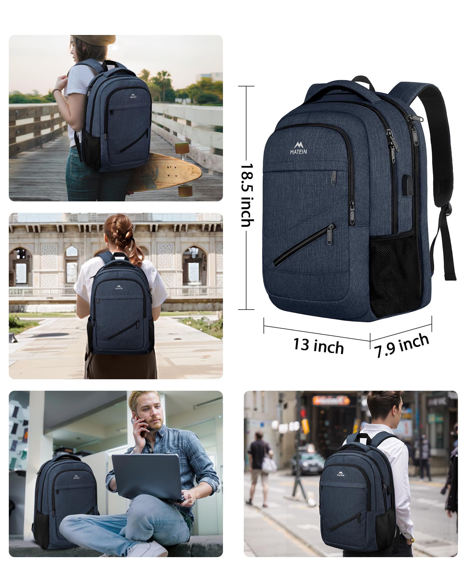 Foto 6 pulgar | Mochila Para Portátil Matein De 17 Pulgadas Con Puerto De Carga Usb - Azul - Venta Internacional.