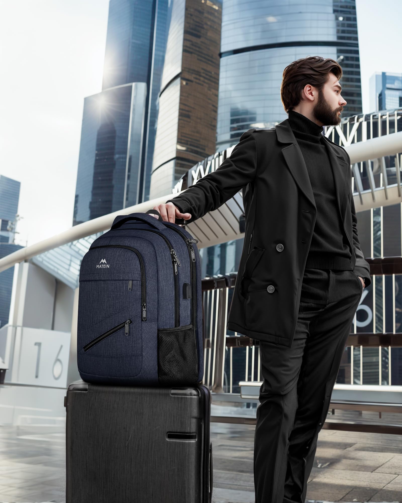 Foto 6 | Mochila Para Portátil Matein De 17 Pulgadas Con Puerto De Carga Usb - Azul - Venta Internacional.
