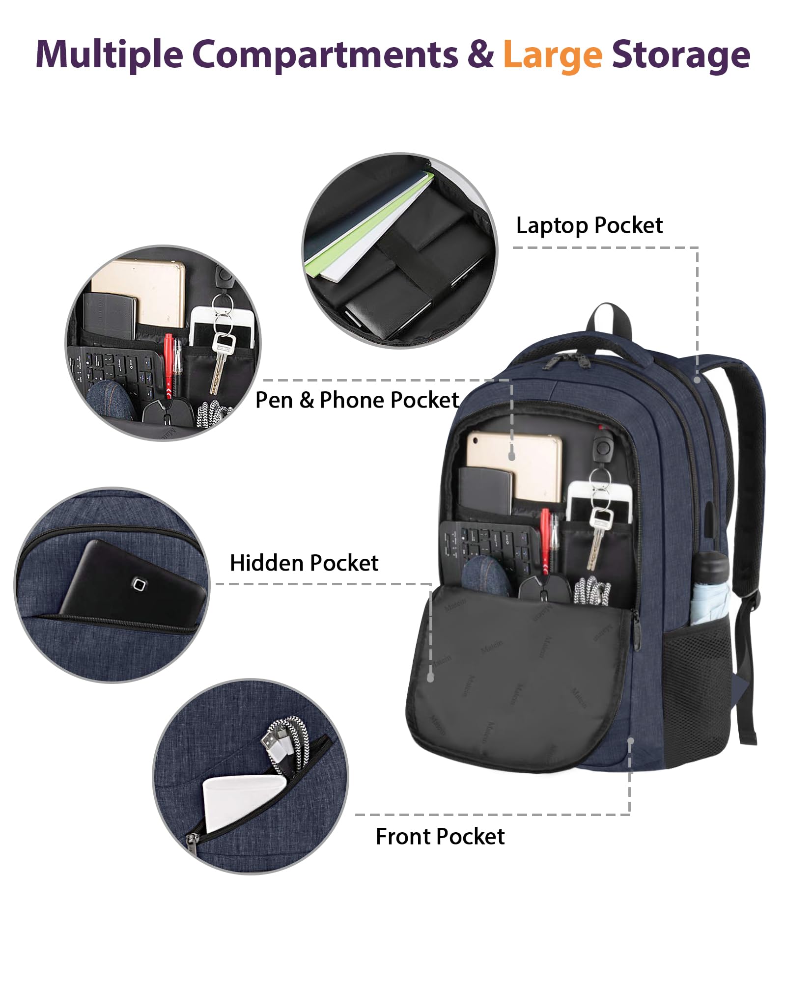 Foto 8 pulgar | Mochila Para Portátil Matein De 17 Pulgadas Con Puerto De Carga Usb - Azul - Venta Internacional.