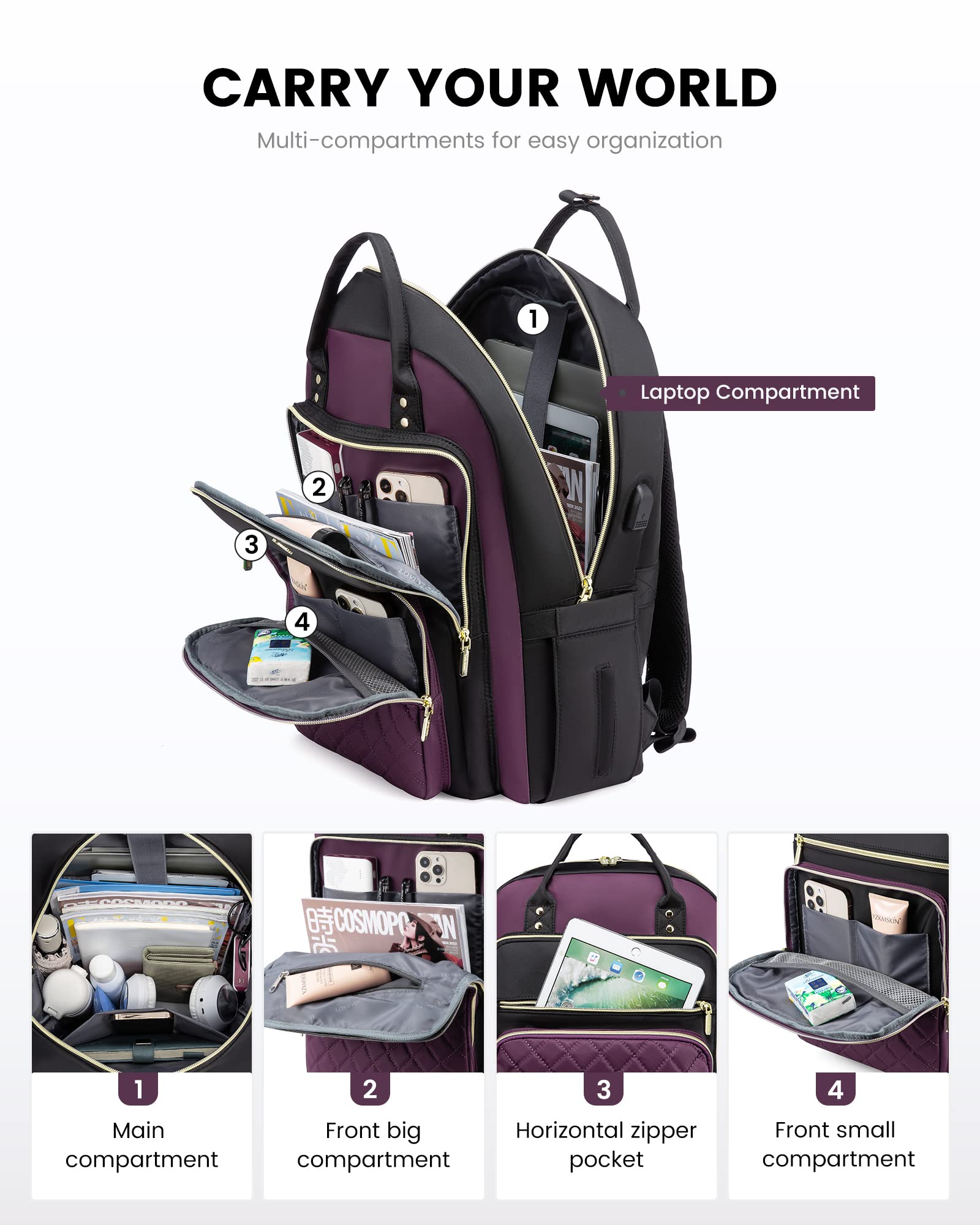 Foto 4 pulgar | Mochila Para Portátil Lovevook Para Mujer De 15.6 Pulgadas Con Puerto Usb - Venta Internacional.