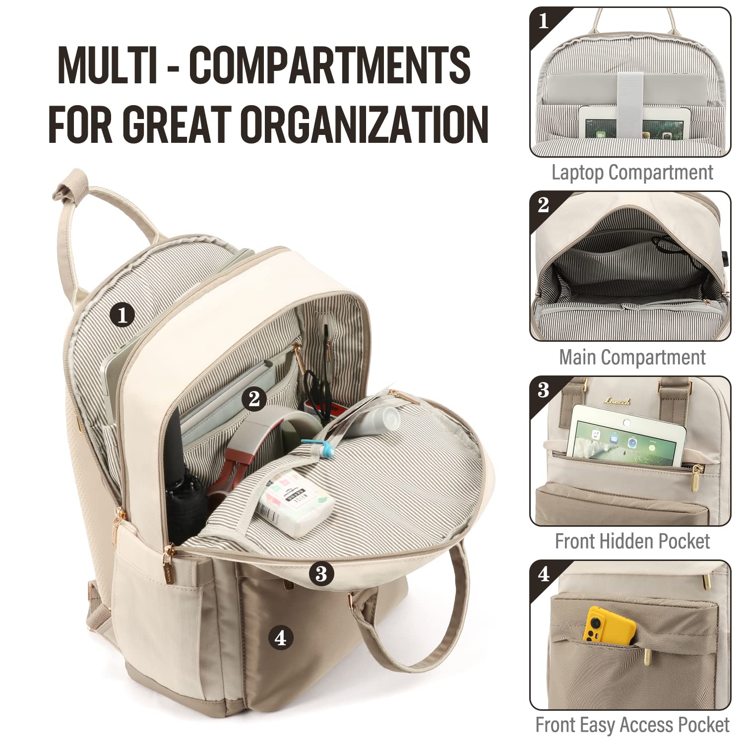 Foto 3 pulgar | Mochila para Portátil Lovevook para Mujer 15.6" con Puerto Usb Beige - Venta Internacional