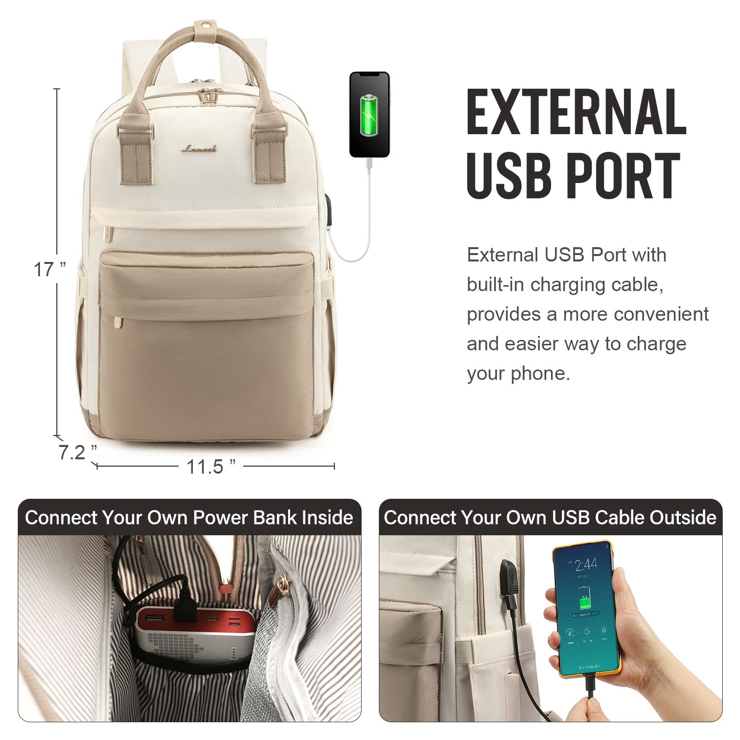 Foto 6 pulgar | Mochila para Portátil Lovevook para Mujer 15.6" con Puerto Usb Beige - Venta Internacional