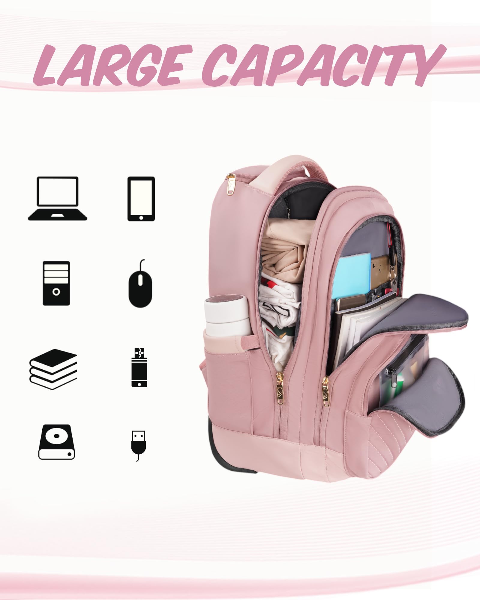Foto 3 | Mochila Rodante Matein Para Mujer De 17 Pulgadas Con Ruedas, Color Rosa - Venta Internacional.