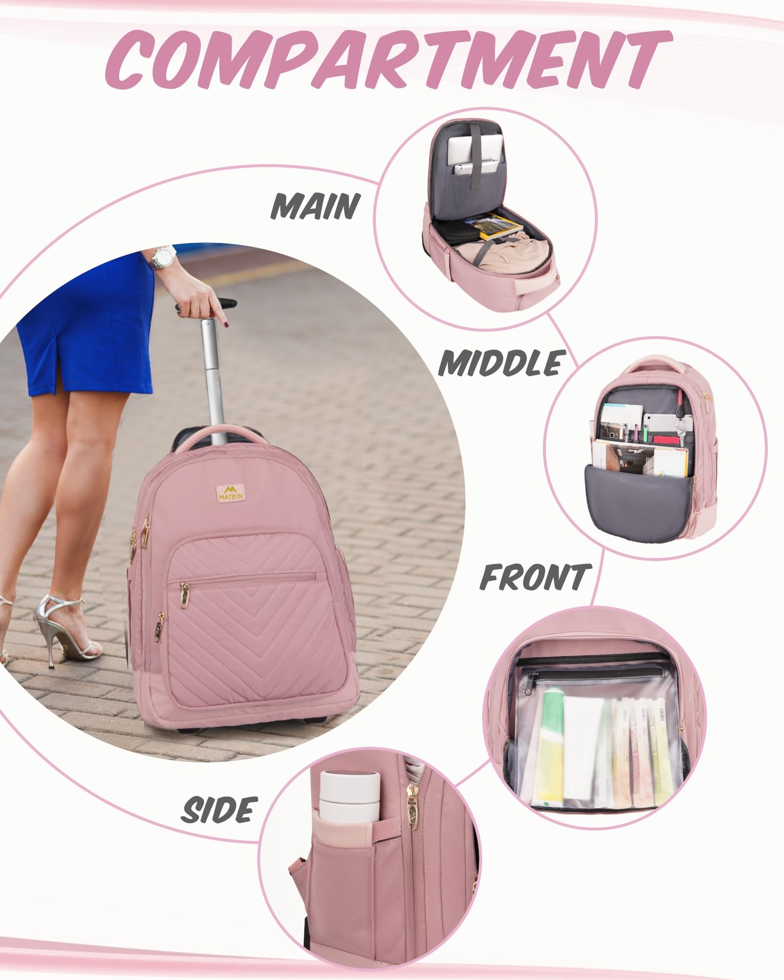 Foto 5 pulgar | Mochila Rodante Matein Para Mujer De 17 Pulgadas Con Ruedas, Color Rosa - Venta Internacional.