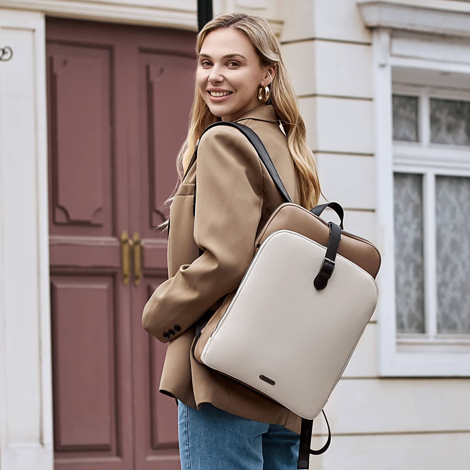 Foto 3 pulgar | Mochila Cluci de Piel Beige para Portátil de 15.6 Pulgadas para Mujer - Venta Internacional