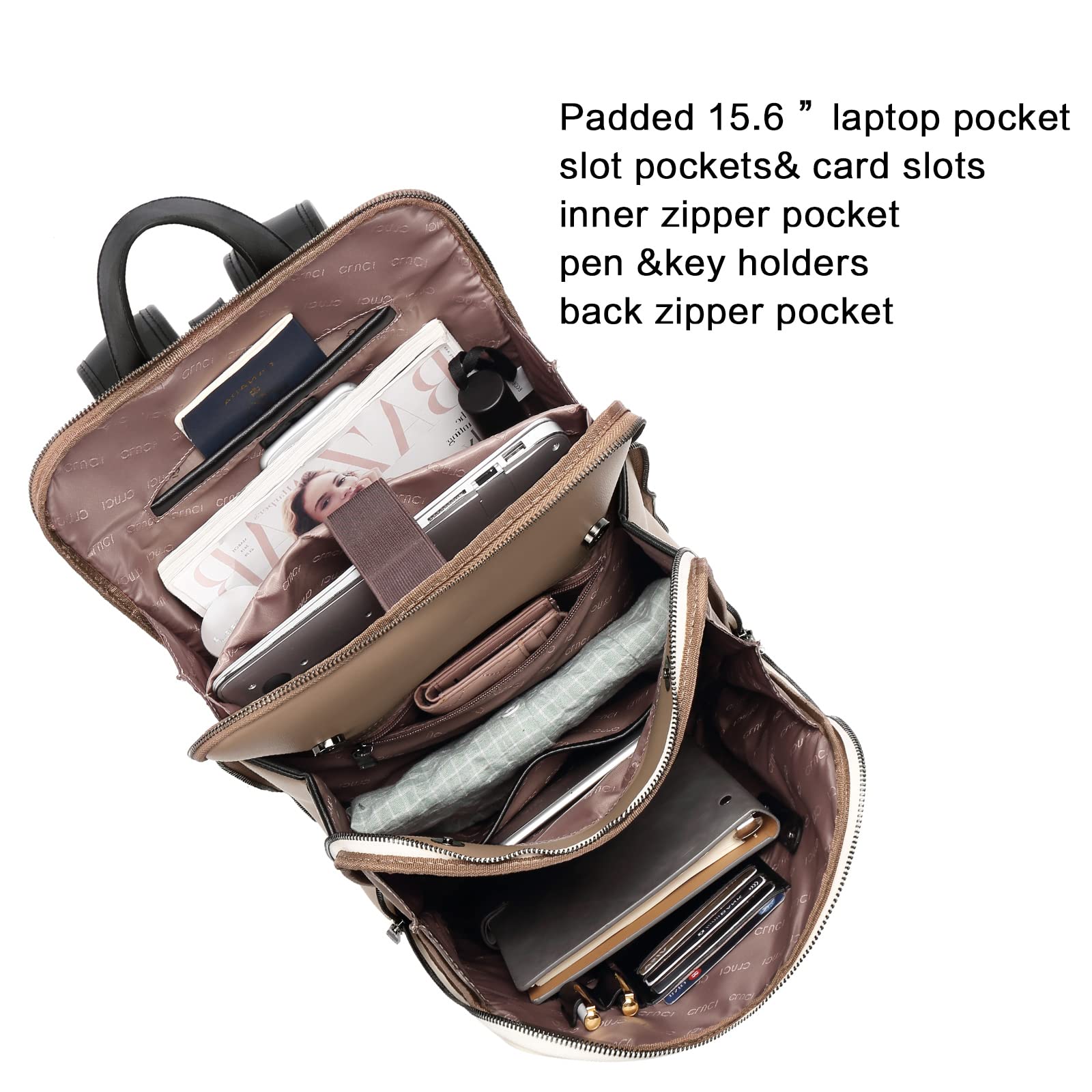 Foto 3 | Mochila Cluci de Piel Beige para Portátil de 15.6 Pulgadas para Mujer - Venta Internacional