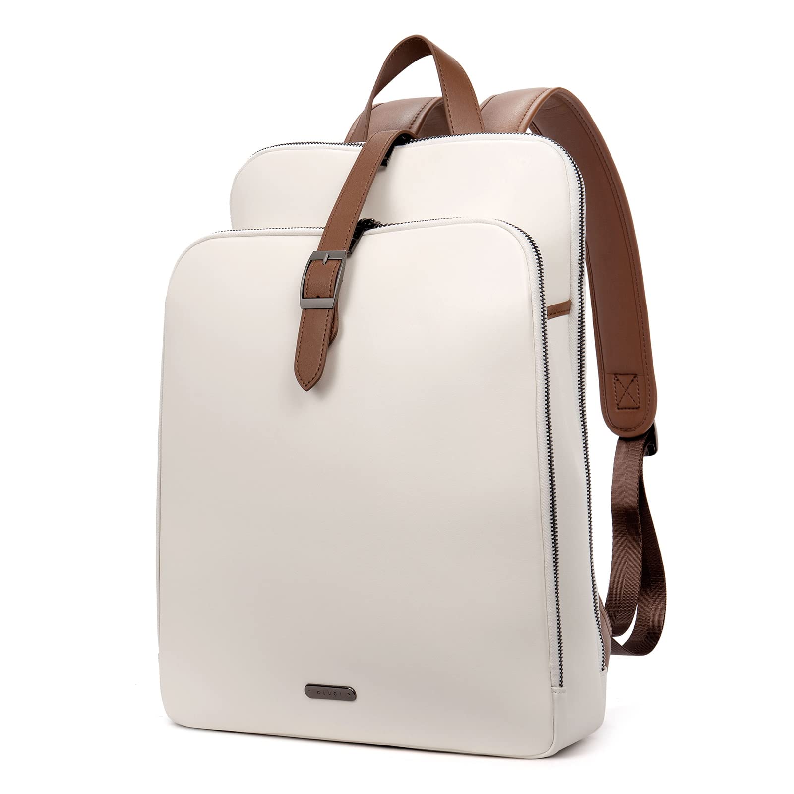 Mochila Cluci De Piel Para Portátil De 15.6 Pulgadas, Color Beige Y Marrón - Venta Internacional.