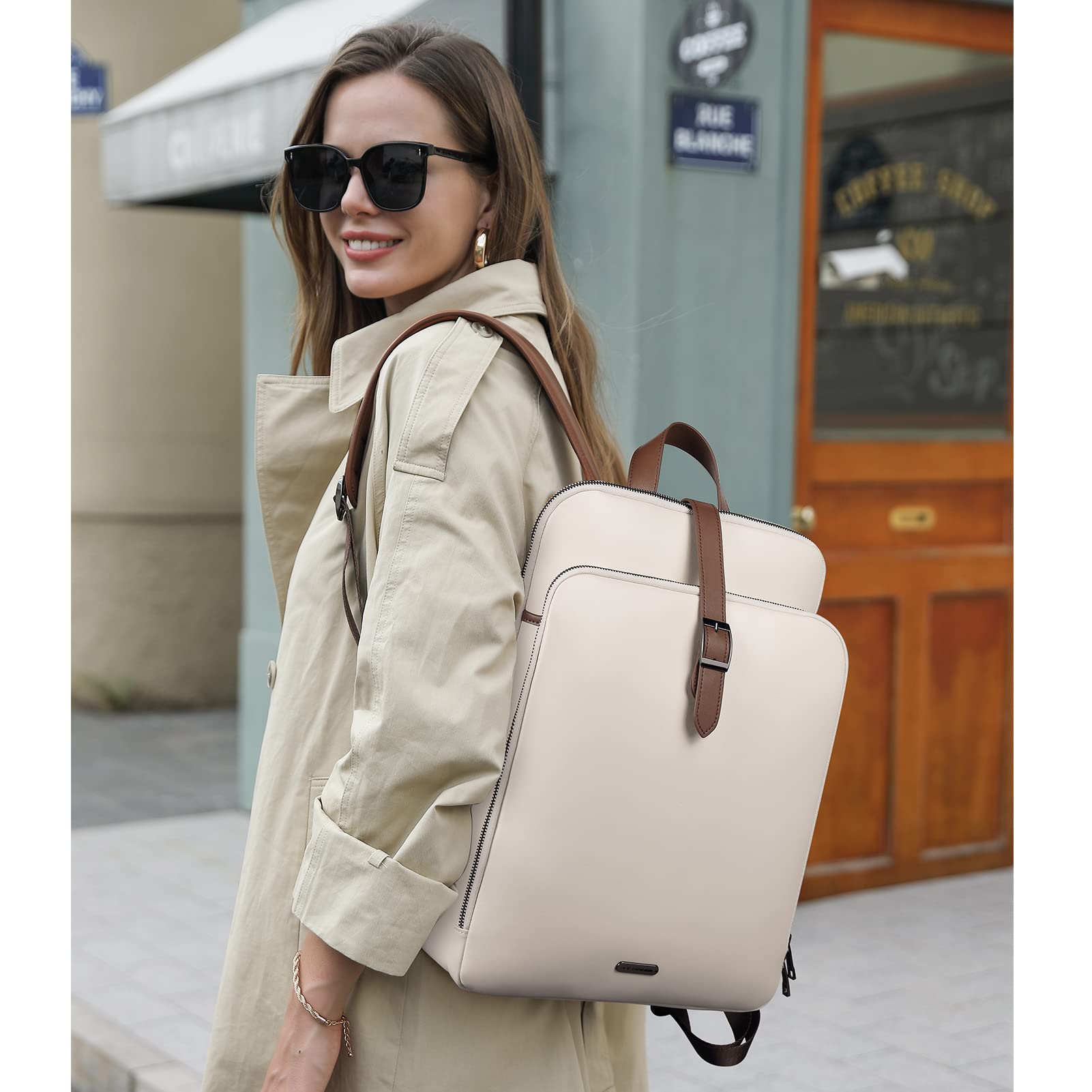 Foto 5 | Mochila Cluci De Piel Para Portátil De 15.6 Pulgadas, Color Beige Y Marrón - Venta Internacional.