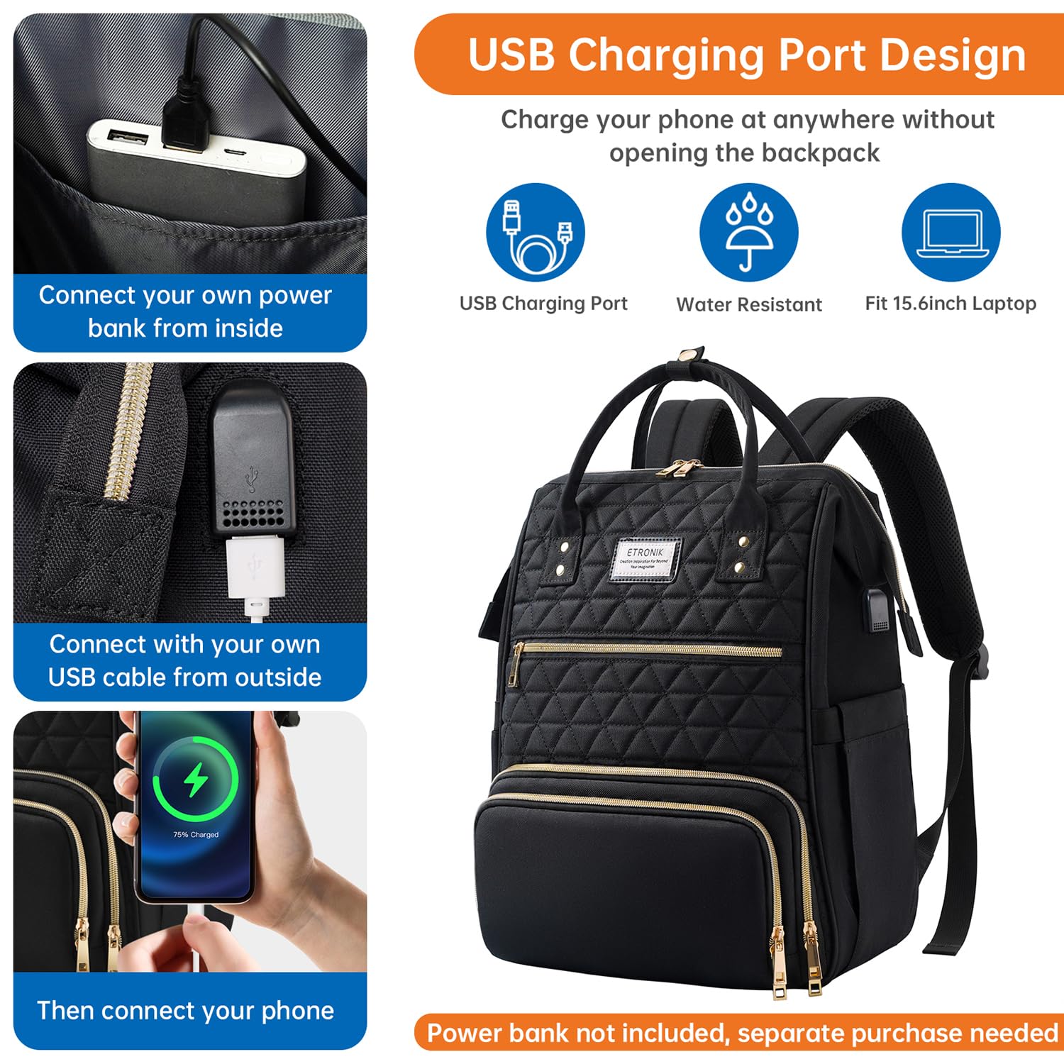 Foto 5 | Mochila Etronik Negra para Portátil de 15,6 Pulgadas con Puerto USB - Venta Internacional