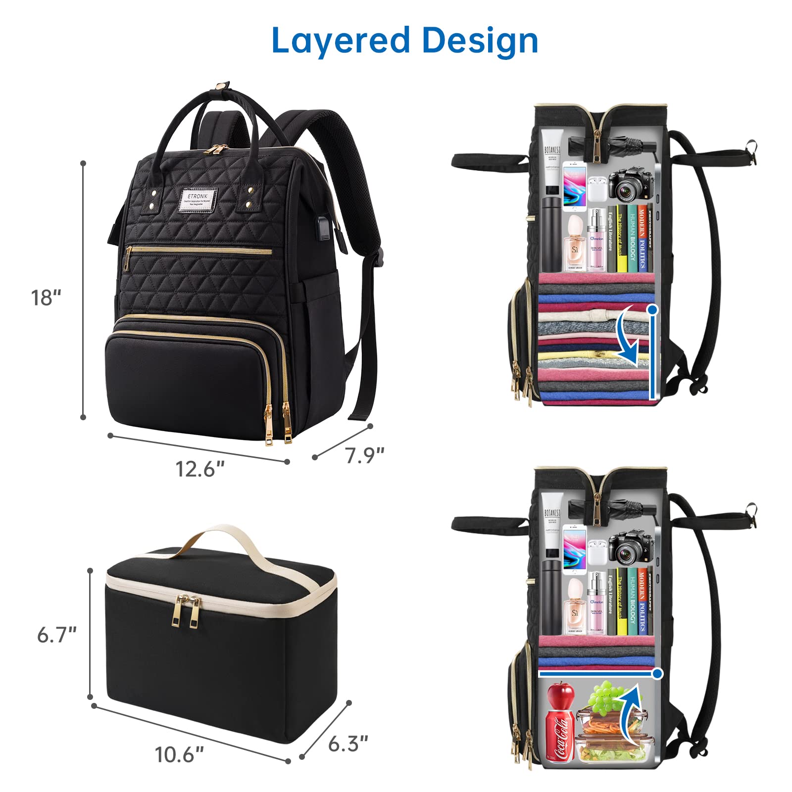 Foto 4 | Mochila Etronik para Mujer Portátil De 17.3 Pulgadas Con Puerto Usb Negro - Venta Internacional