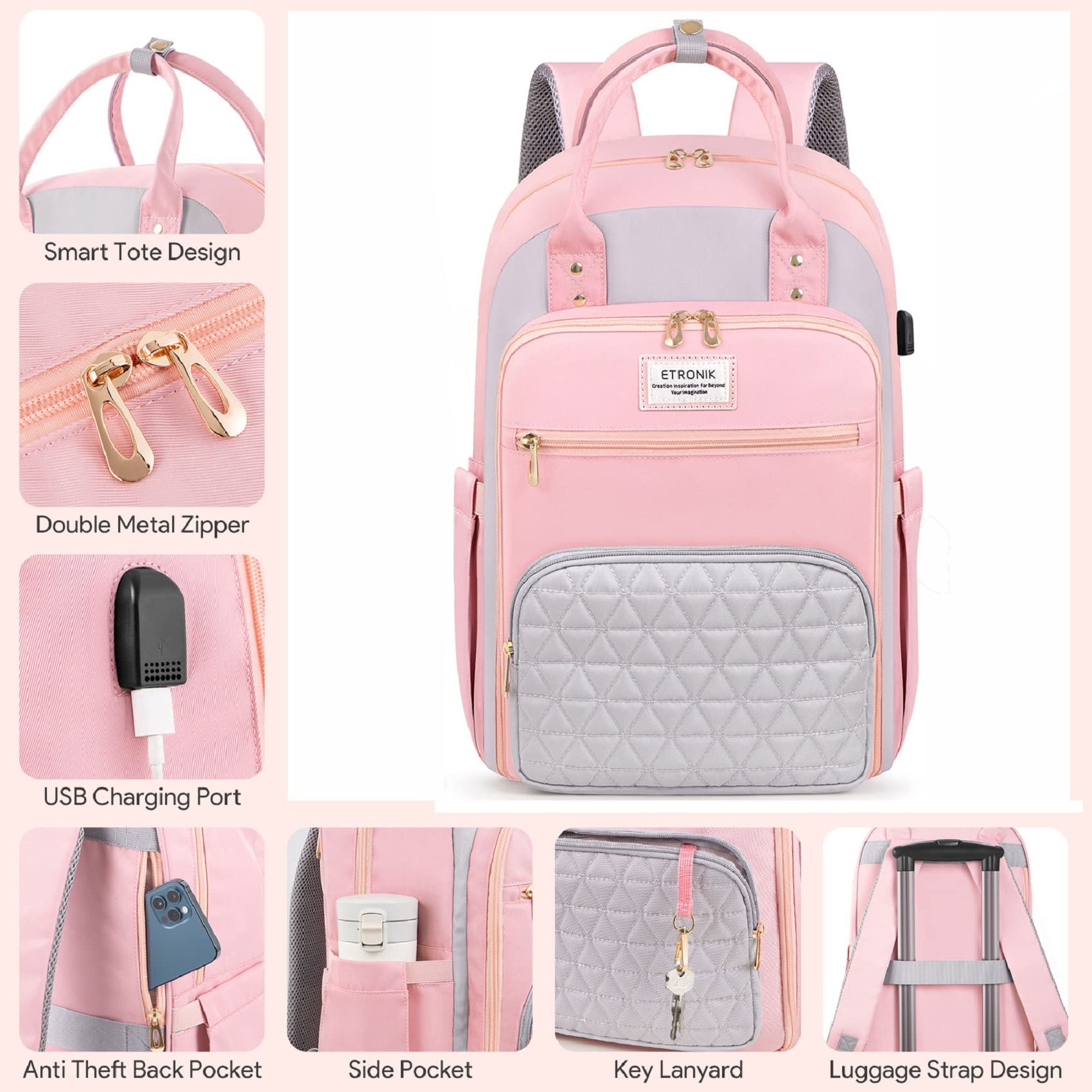 Foto 3 pulgar | Mochila Etronik Rosa para Mujer con Espacio de Portátil 15,6 Pulgadas y Puerto USB - Venta Internacional