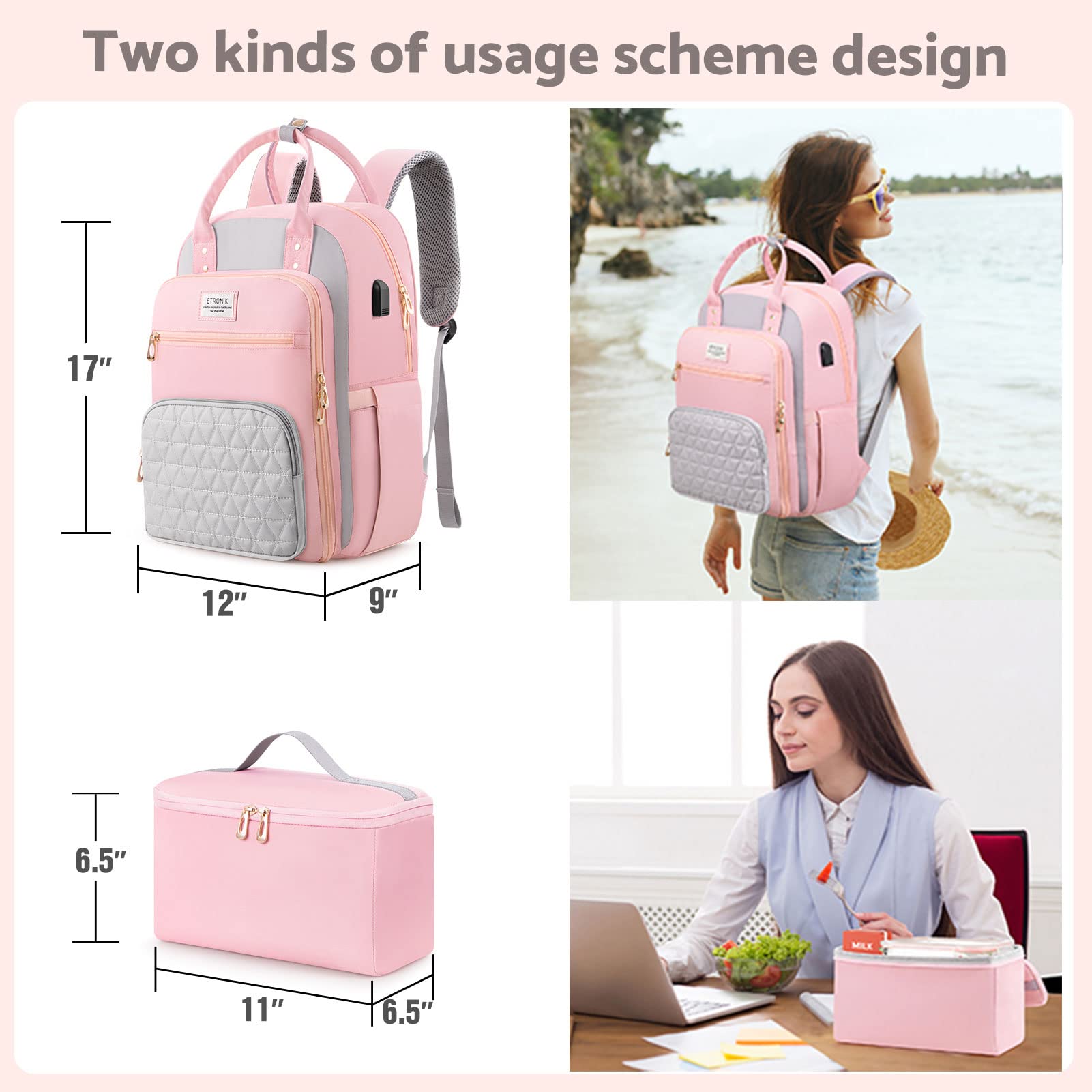 Foto 5 pulgar | Mochila Etronik Rosa para Mujer con Espacio de Portátil 15,6 Pulgadas y Puerto USB - Venta Internacional