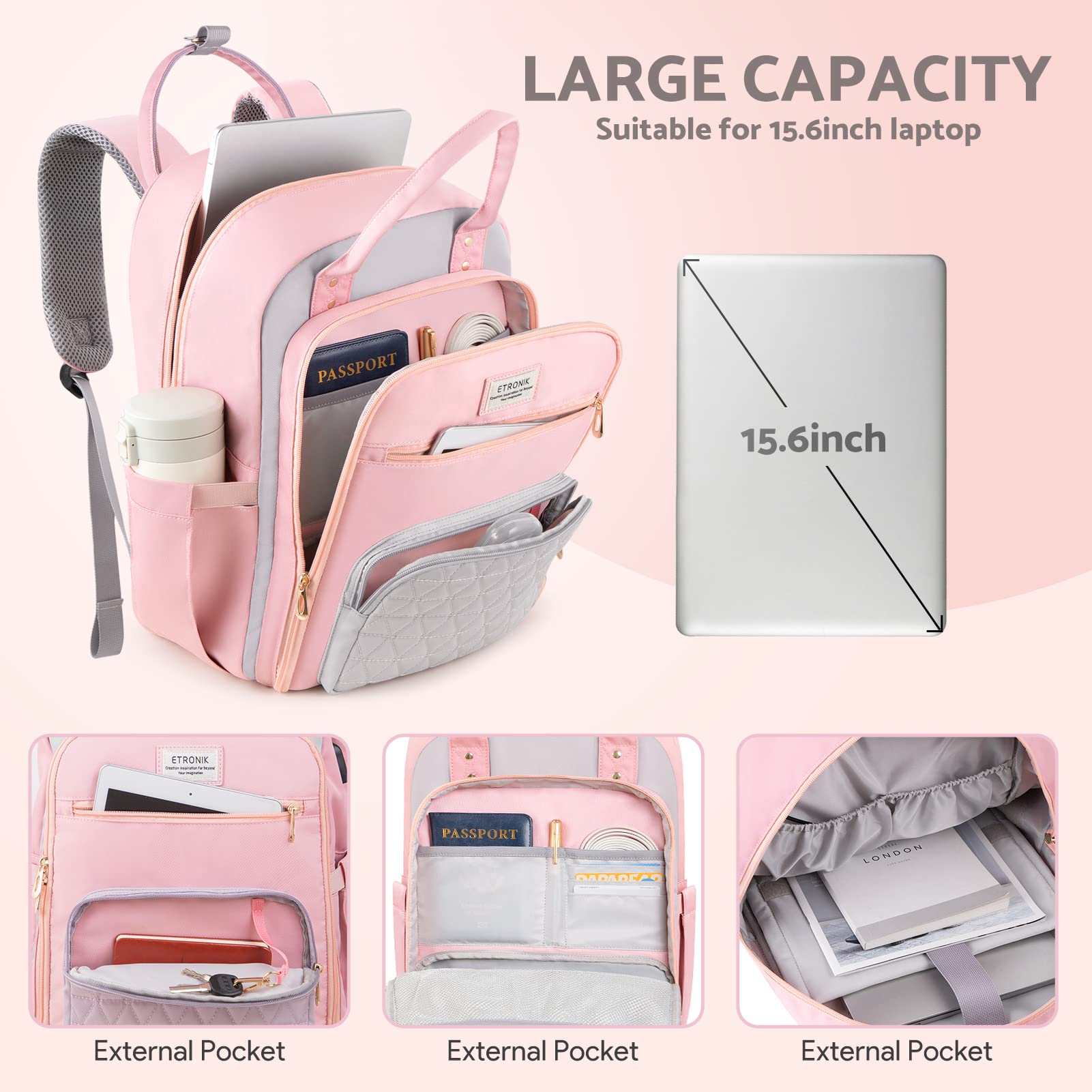 Foto 5 | Mochila Etronik Rosa para Mujer con Espacio de Portátil 15,6 Pulgadas y Puerto USB - Venta Internacional