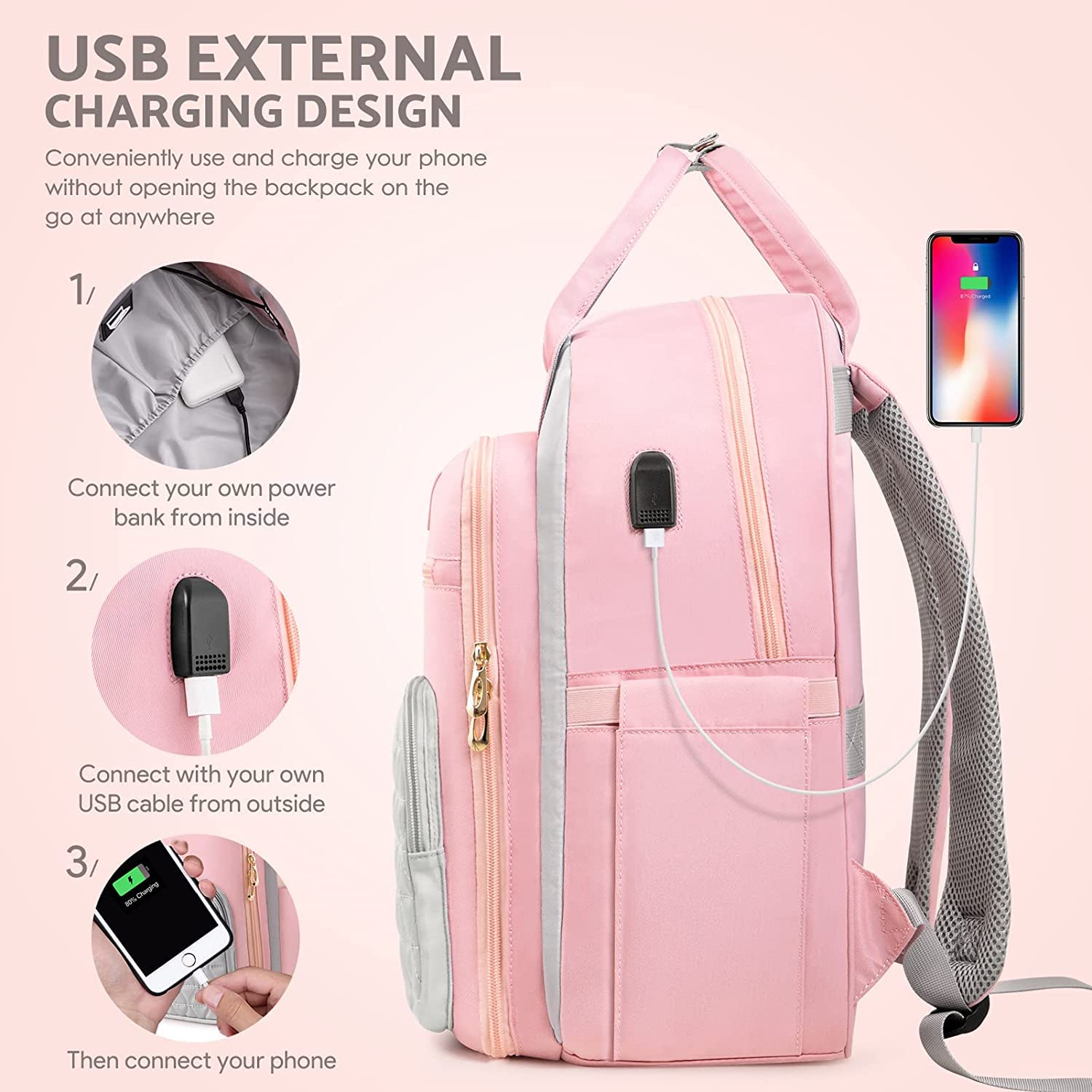 Foto 7 pulgar | Mochila Etronik Rosa para Mujer con Espacio de Portátil 15,6 Pulgadas y Puerto USB - Venta Internacional