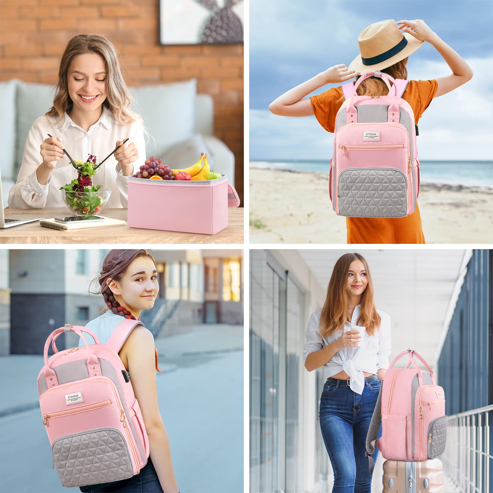 Foto 8 pulgar | Mochila Etronik Rosa para Mujer con Espacio de Portátil 15,6 Pulgadas y Puerto USB - Venta Internacional