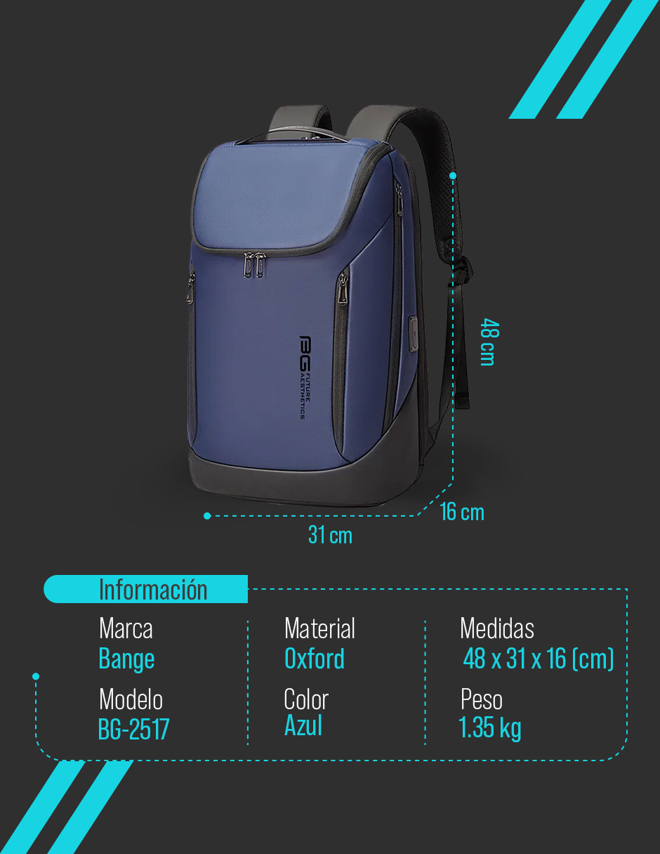 Foto 7 pulgar | Mochila Bange Para Laptop 15.6'' Modelo Bg-2517 Color Azul Marino Repelente Al Agua