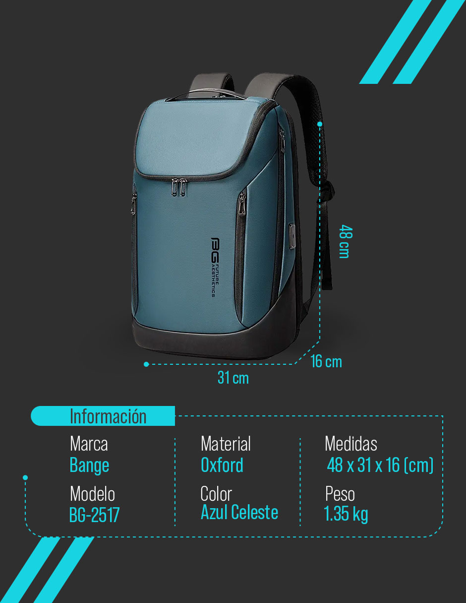 Foto 9 pulgar | Mochila Bange Para Laptop 15.6'' Modelo Bg-2517 Color Azul Celeste Repelente Al Agua