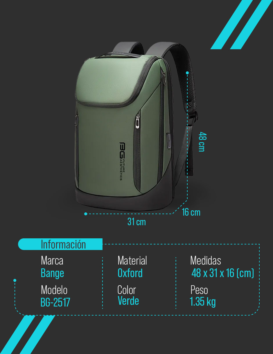 Foto 8 pulgar | Mochila Bange Para Laptop 15.6'' Modelo Bg-2517 Color Verde Repelente Al Agua