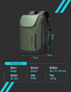 Foto 7 | Mochila Bange Para Laptop 15.6'' Modelo Bg-2517 Color Verde Repelente Al Agua