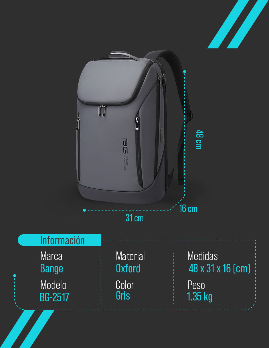 Foto 9 pulgar | Mochila Bange Para Laptop 15.6'' Modelo Bg-2517 Color Gris Repelente Al Agua