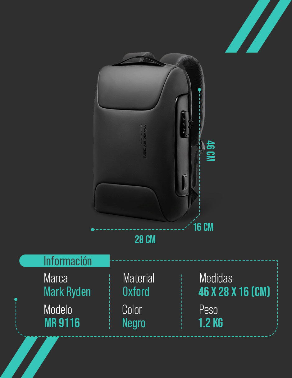 Foto 9 pulgar | Mochila Mark Ryden 9116 Negra para Laptop 15.6” con Puerto USB y Antirrobo