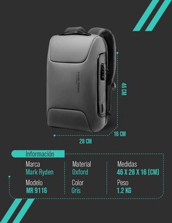 Foto 8 | Mochila Mark Ryden 9116 Gris para Laptop 15.6" con Puerto USB y Antirrobo