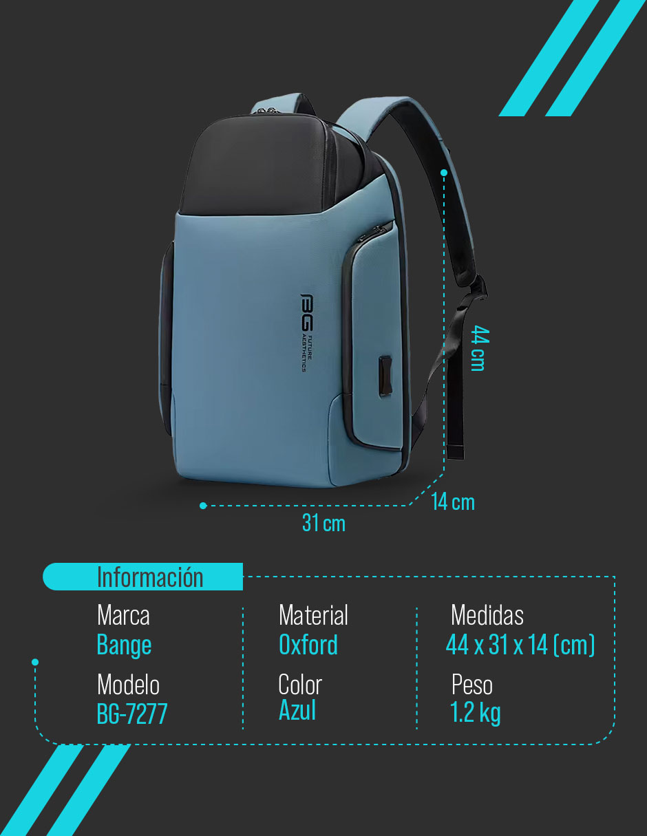 Foto 7 pulgar | Mochila de negocios marca Bange Modelo BG-7277 color Azul Repelente al Agua