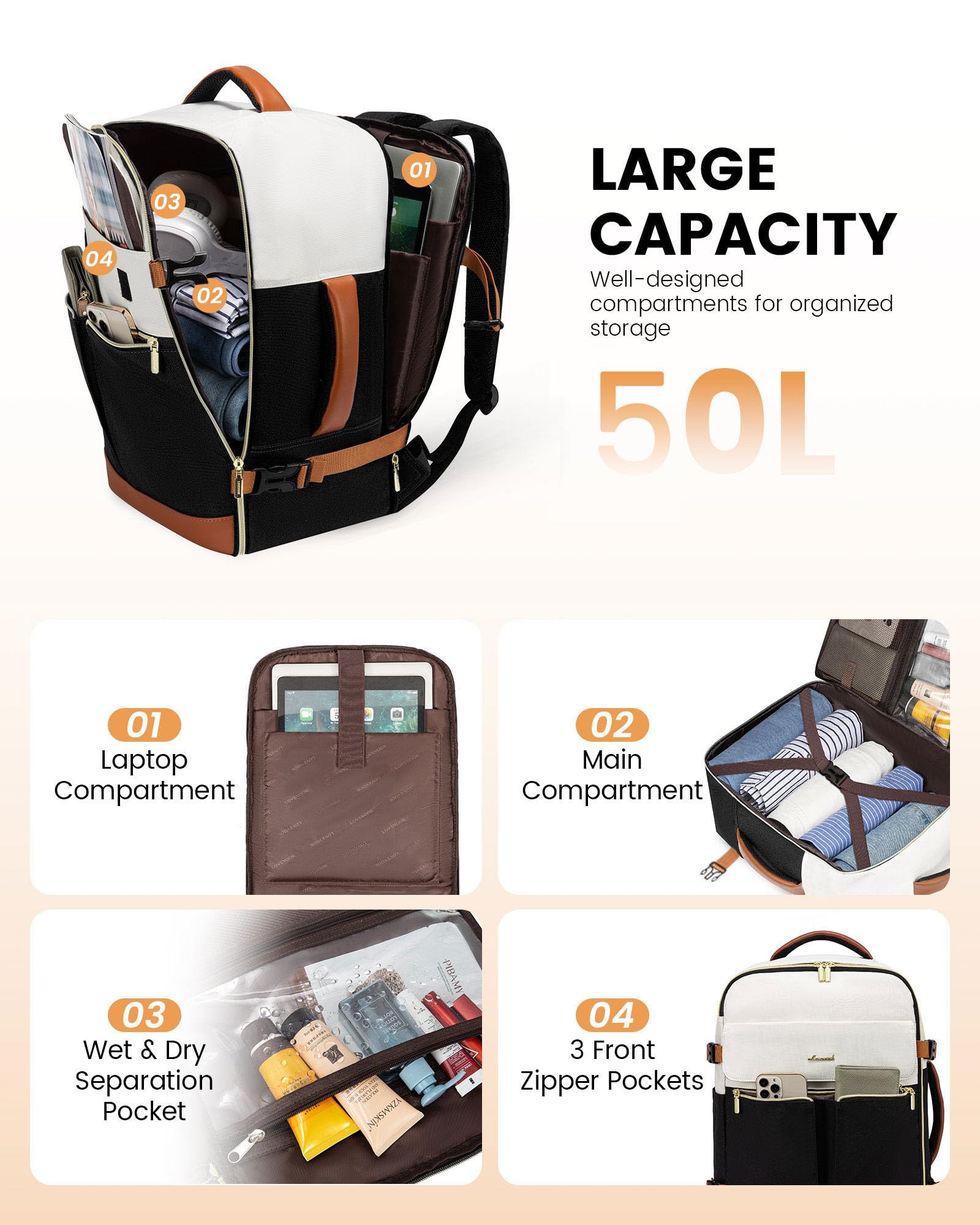 Foto 3 | Mochila De Viaje Lovevook Tsa Carry On 50l Para Mujer Beige - Venta Internacional.