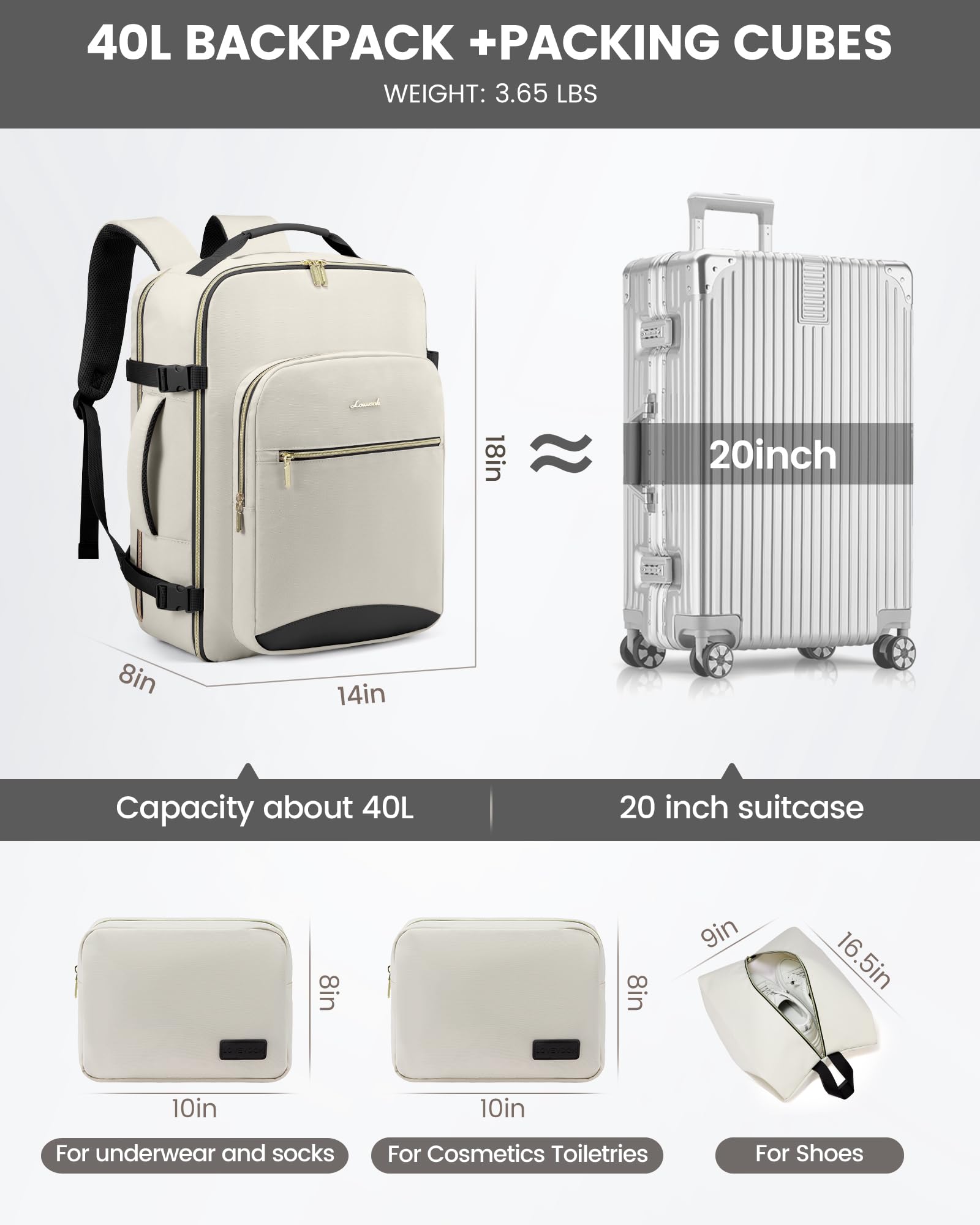 Foto 5 | Mochila De Viaje Lovevook Carry On 40 L Impermeable Con Cubos - Venta Internacional.