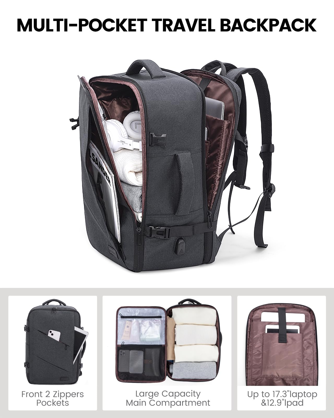 Foto 4 pulgar | Mochila Lovevook Travel 40l Con Puerto Usb Gris Oscuro - Venta Internacional.