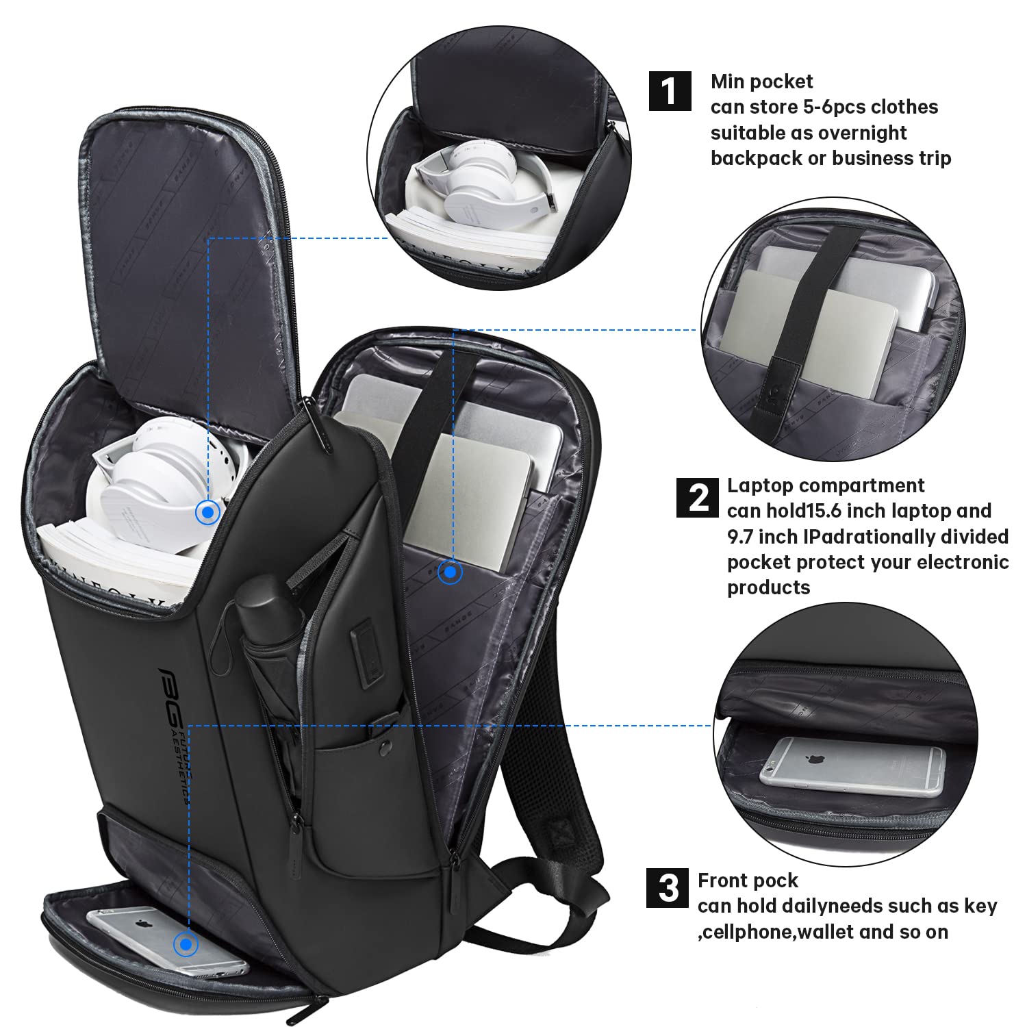 Foto 3 pulgar | Mochila Para Portátil Bange Business Smart 15.6'' Impermeable Negra - Venta Internacional.