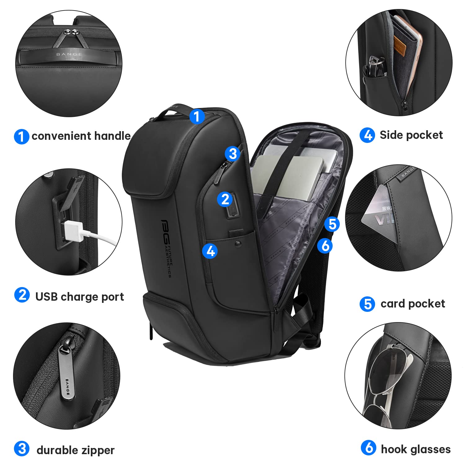 Foto 4 pulgar | Mochila Para Portátil Bange Business Smart 15.6'' Impermeable Negra - Venta Internacional.