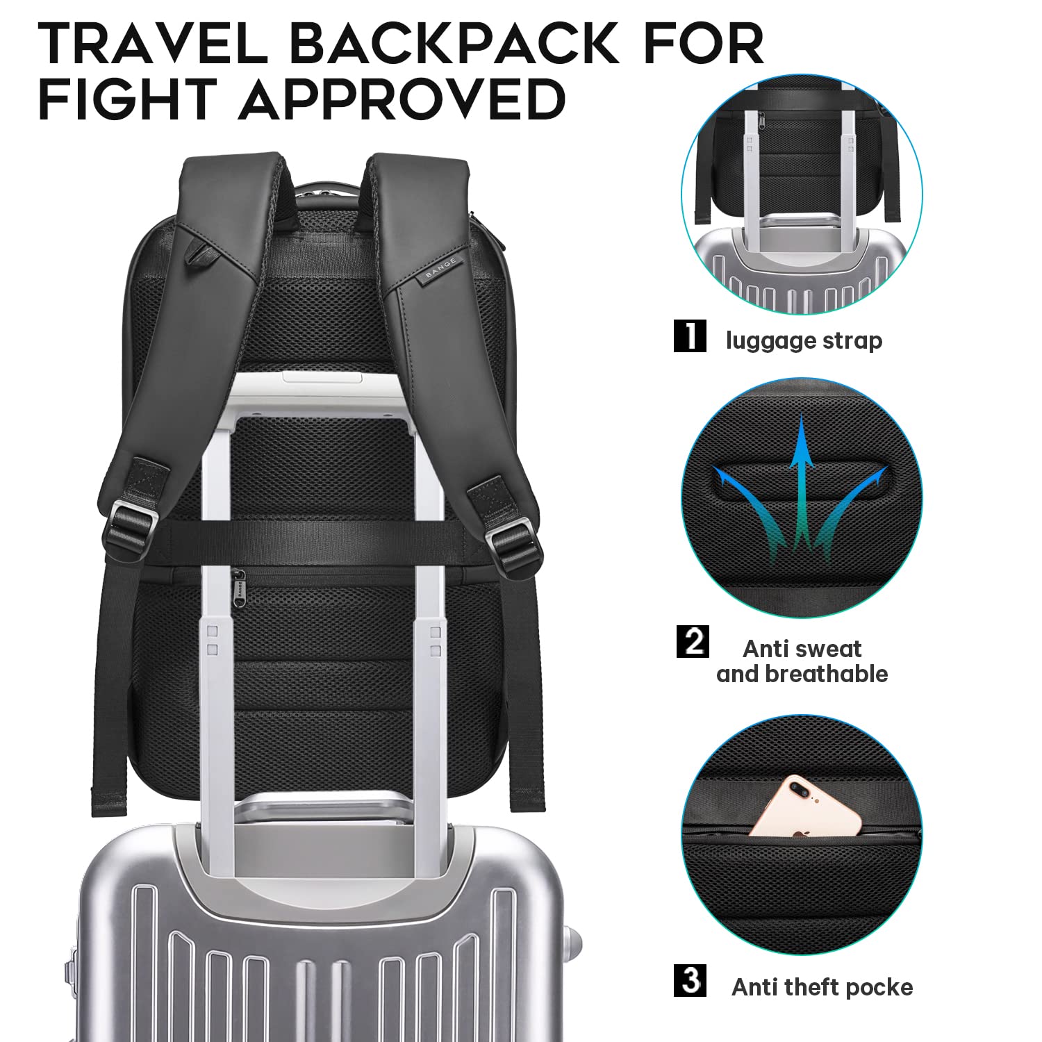 Foto 6 pulgar | Mochila Para Portátil Bange Business Smart 15.6'' Impermeable Negra - Venta Internacional.