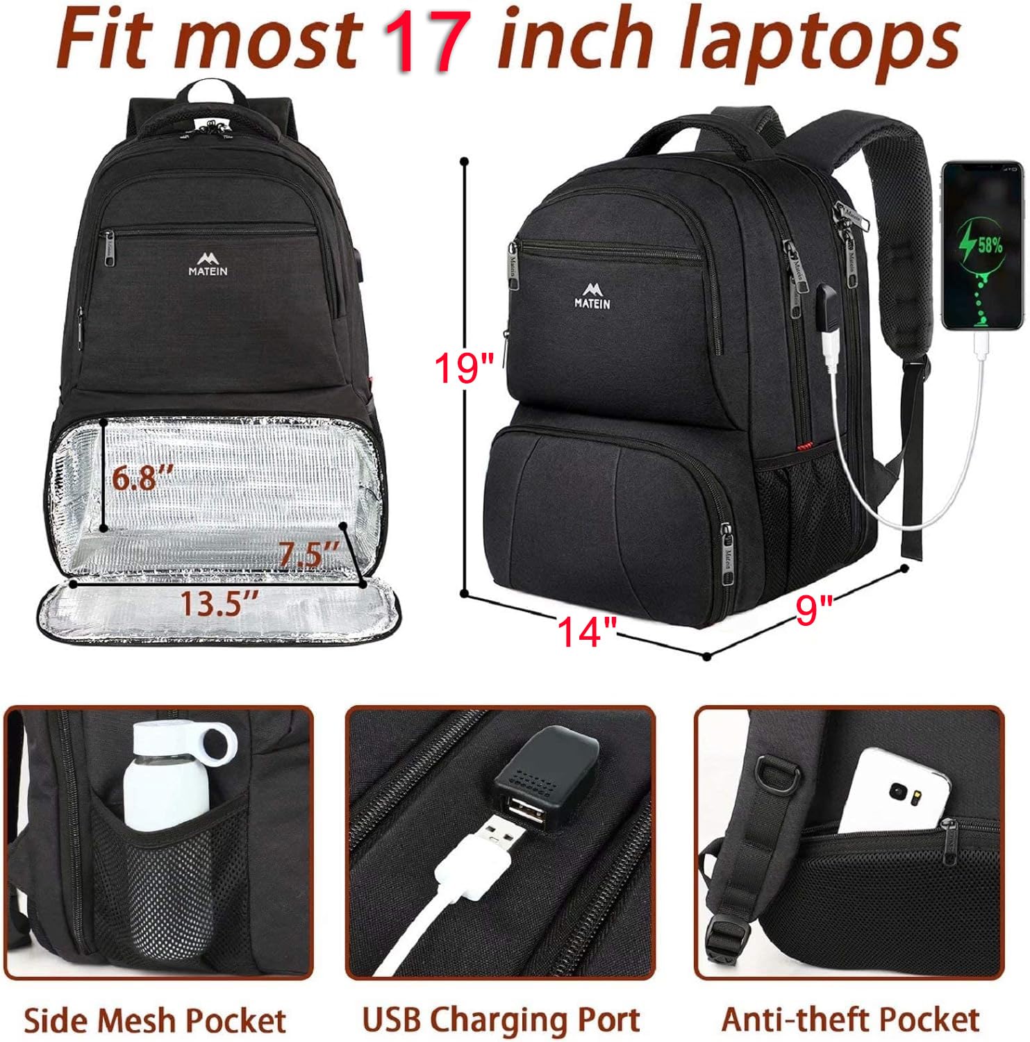 Foto 3 pulgar | Mochila De Almuerzo Matein Para Hombre Work 40 L Con Usb Negra - Venta Internacional.
