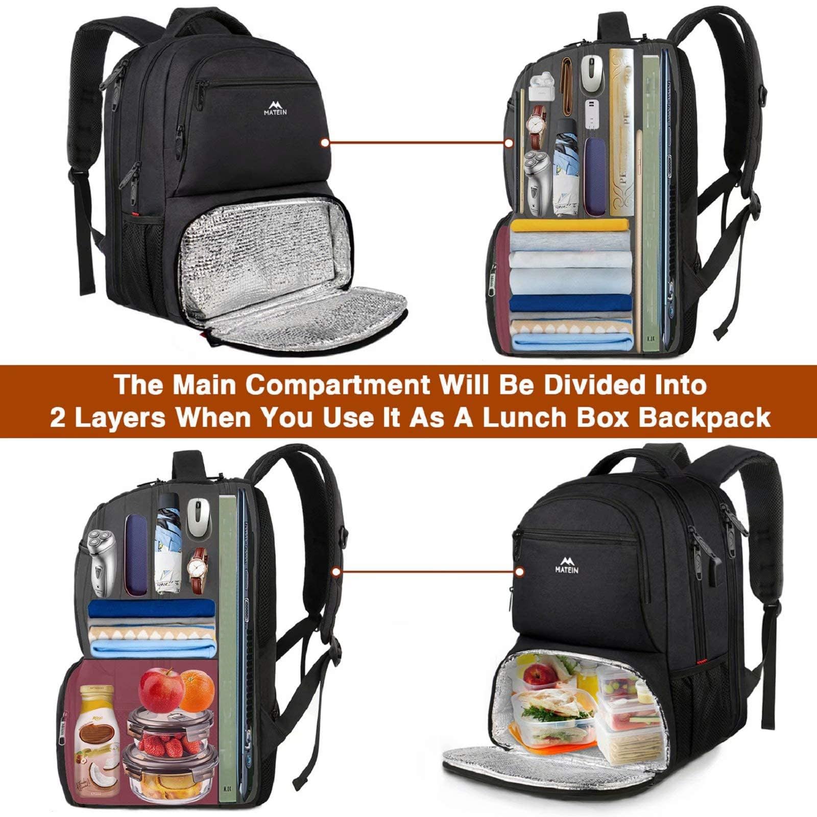 Foto 5 pulgar | Mochila De Almuerzo Matein Para Hombre Work 40 L Con Usb Negra - Venta Internacional.