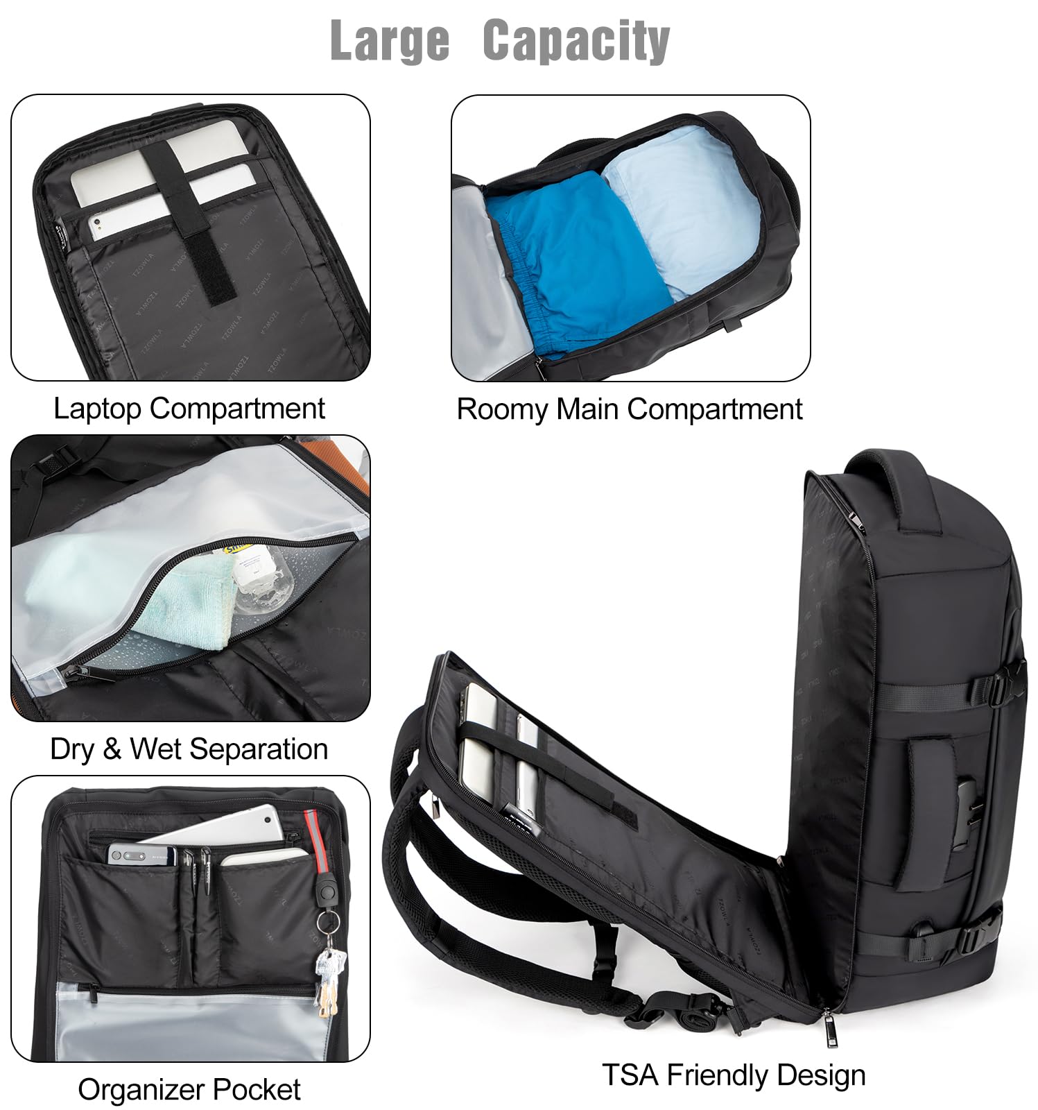 Foto 4 pulgar | Mochila De Viaje Para Portátil Tzowla De 40 Litros, Resistente Al Agua De 17,3'' - Venta Internacional.