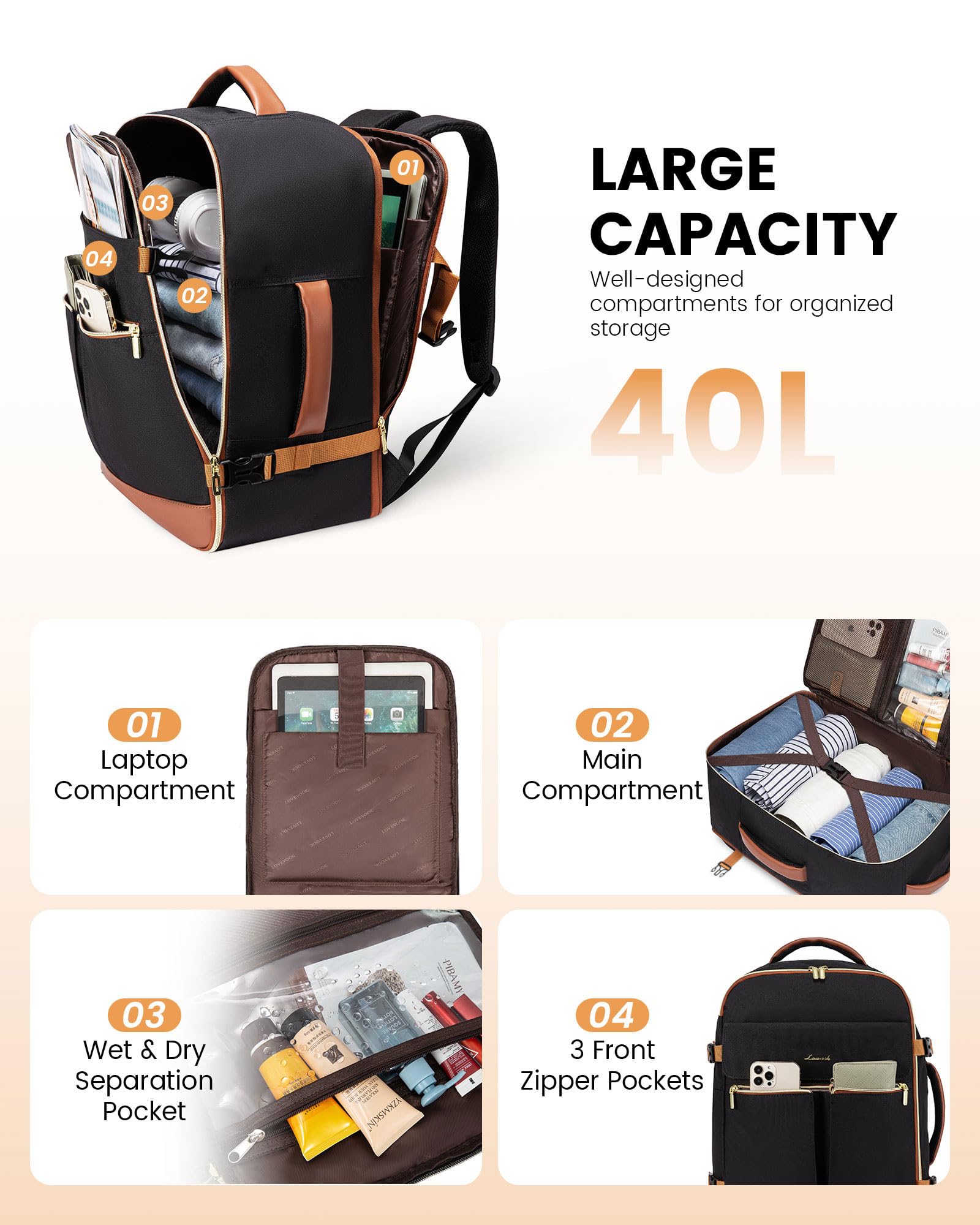 Foto 3 pulgar | Mochila Lovevook Carry On De 40 Litros Con 3 Cubos De Embalaje Para Mujer - Venta Internacional.